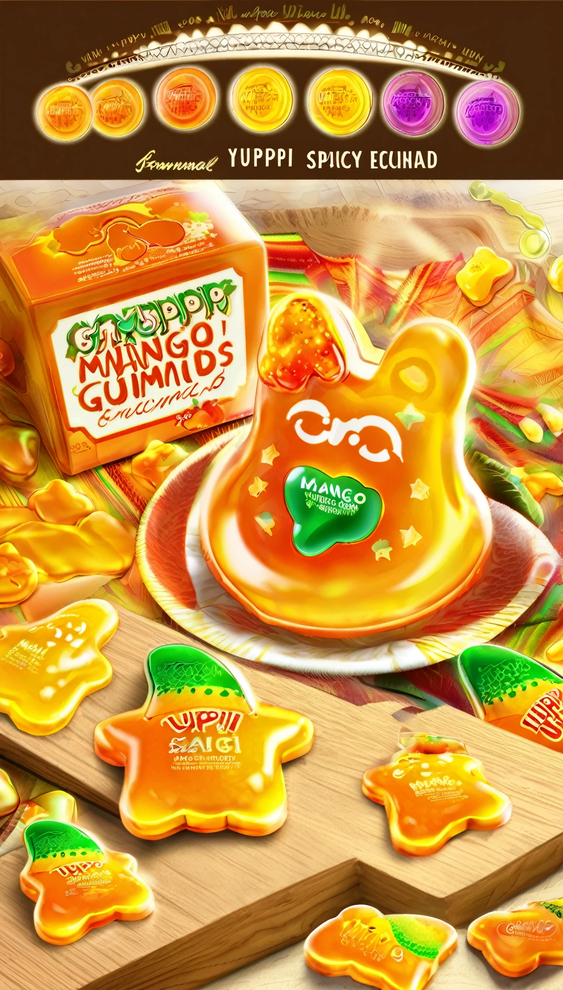Create a vibrant and enticing logo for 'YUPPI GUMMIES' mango enchilado candy. Incorporate the brand name prominently, and introduce a new flavor name that reflects its Mexican spicy sweet gummy mango essence. Use elements that evoke the rich, spicy, and sweet characteristics of this unique candy