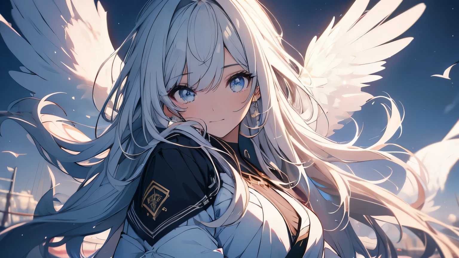 8k resolution, ((of the highest quality)), ((Obra maestra)), ((super detailed)), (muy delicado y hermoso), con a girl, solo, gentle expression, Ella es muy(relajarse)con(calma)apariencia,pelo gris, Depth of written limits., Sonrisa brillante, ojos amarillos brillantes, pelo blanco brillante, hermoso fondo, Cabello Largo - Arte Lineal, Falda negra, Uniforme blanco como un traje de marinero., angel, angelの白い翼, Plumas blancas revoloteando, Eyes that shine like amber, ojo superior, ojos maravillosos