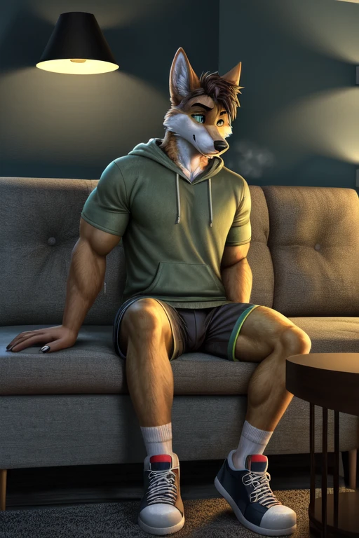 ((best quality)), ((masterpiece)), (detailed), perfect face, Furry, anthropomorphic wolfdog, 70% Wolf, 25% Tamaskan wolfdog, 5% Dingo, Russet brown fur, dark brown hair, dark green eyes, 6'1 and 173 lbs, 41" Chest, 19" Shoulders, 13" Biceps, 32" waist, 23" Thighs, 15" Calves, 19" Back, wearing lime green hoody, gray-green T-shirt, gray-ish green sweat shorts, dark slate gray slip on shoes, sitting on sofa, bright blue sofa, black accent wall, black coffee table, living room, nightime scene, raining outside, looking down, concerned, remorseful, blanket wrapped around themself, dynamic lighting, perfect shading, soft shading, soft colors, vivid colors, pastel colors, Chicago, Illinois