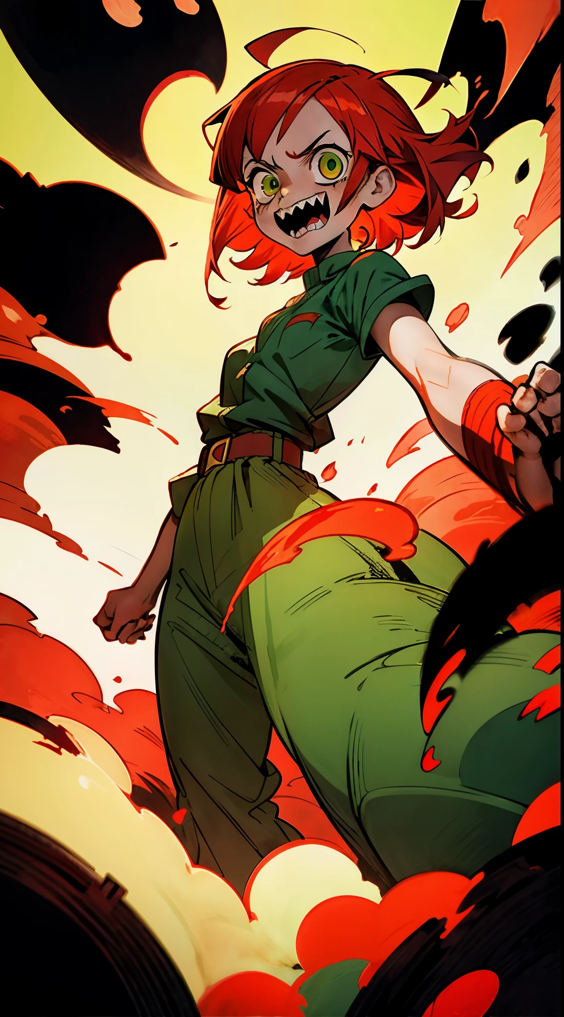 Manga art photo of a girl standing with both arms engulfed in fire, crosshatch shading, crazy look, 2d image, sharp teeth, red hair, green eyes, low angle shot,