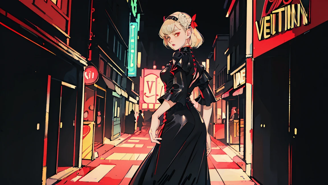 Beautiful young Korean woman with long dark blonde hair, Back alleys of New York in the 1950s, ((Neon Light Red and White Light)), (((((Valentino-style high fashion black outfit))))), Supermodel, Model pose, masterpiece, Eye height