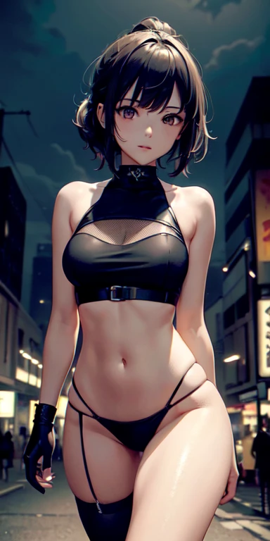 (((professional: step by step, considering even the smallest detail god level final result))): "Zettai Ryouiki, 50% Revealing clothing, Show skin, ((Rave shirt, Low-cut shirt, Rave miniskirt, Visible thong straps)), (with a rave outfit:1.2, 50% Rave clothing), (Detailed outfit, Detailed clothing), (sexy walking pose), Solo focus, embarrassed, centered, Scale to fit dimensions, Rule of thirds, ((Night view)),(cyberpunk night street Background: 1.5, dark sky, alley, alley, clouds thick, Background with intricate details), (Best quality),(high resolution),(Sharp focus),(intricate details),(Very high quality artwork),(very fine 8K CG),((perfect piece) ), (((Masterpiece))), illustration, vibrant colors, high contrast, selective lighting, double exposure, HDR (high dynamic range), Post-processing, Background blur"
