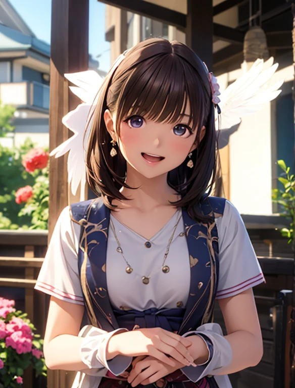High resolution,In 8K,highest quality,detailed,Semi-realistic anime,Anime 3D Style,Smooth anime CG,One Girl,19-year-old woman in Japan,slim,Modeled,Shiny brown hair,Medium Hair,detailedな顔,Beautiful and detailed,Glowing Skin,Earrings Beautiful,straggling hair,Angelic hairstyle,Small breasts,((Open your mouth)),((Laughter)),(Round, slightly large eyes)