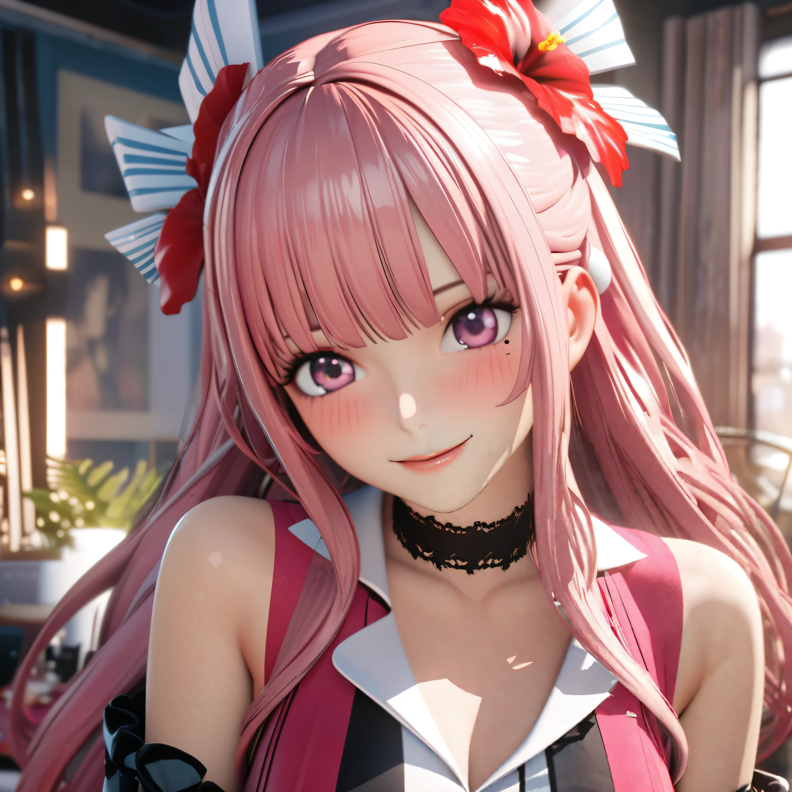masterpiece, highest quality, Very detailed, High resolution, Expensive resolution, High resolution, 4K, 8k, unity 8k wallpaper, Very detailed CG, masterpiece, 2D, 3D, Beautiful details, depth, Fine texture, highest quality: 1.3, Total concentration, Crisp skin, he, very cute, Cute like an idol, expensive pink long hair, One Girl, Aloha One Piece, morning, Breakfast, hibiscus hair accessory, Smiling long pink hair, whole body, Mole under eye, Line Sight, expensive, blush, Lips parted, Pink Eyes, choker