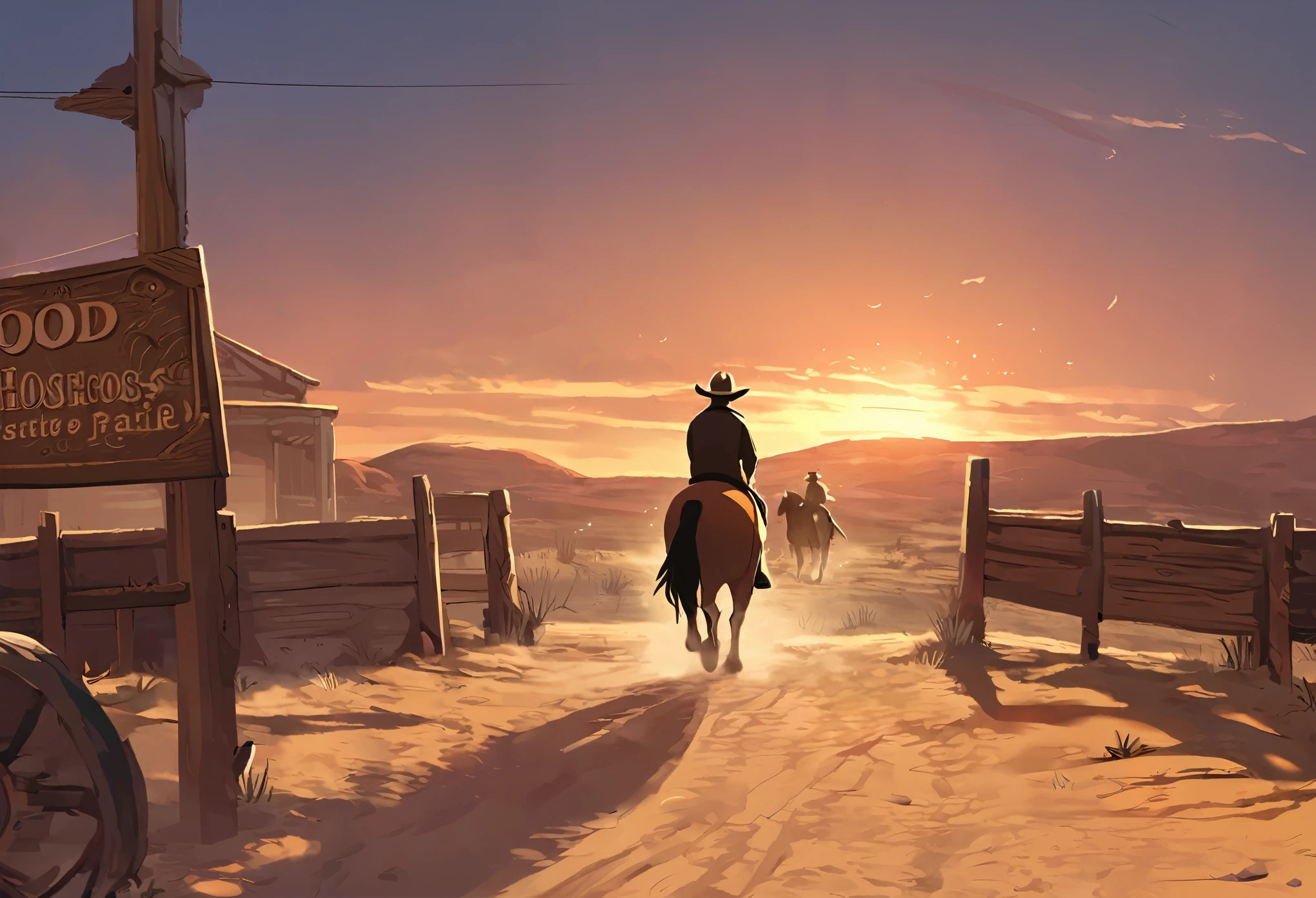 top quality, best quality, High-quality illustrations, masterpiece, super high resolution, detailed background, The desolate and rugged desert landscape at sunset, with the sky turning shades of red and the dry earth stretching into the distance, Cowboys racing across the prairie, stirring up dust as the sound of horse hooves echoes through the air, A lone sheriff standing at the entrance of a saloon, with a wooden sign swaying gently behind him, A gunslinger suddenly emerging from the shadows, his sharp gaze and the silence creating a tense atmosphere, absurdres, perfect anatomy, expression, good lighting, cinematic shadow(kemono, furry anthro)dynamic angle,