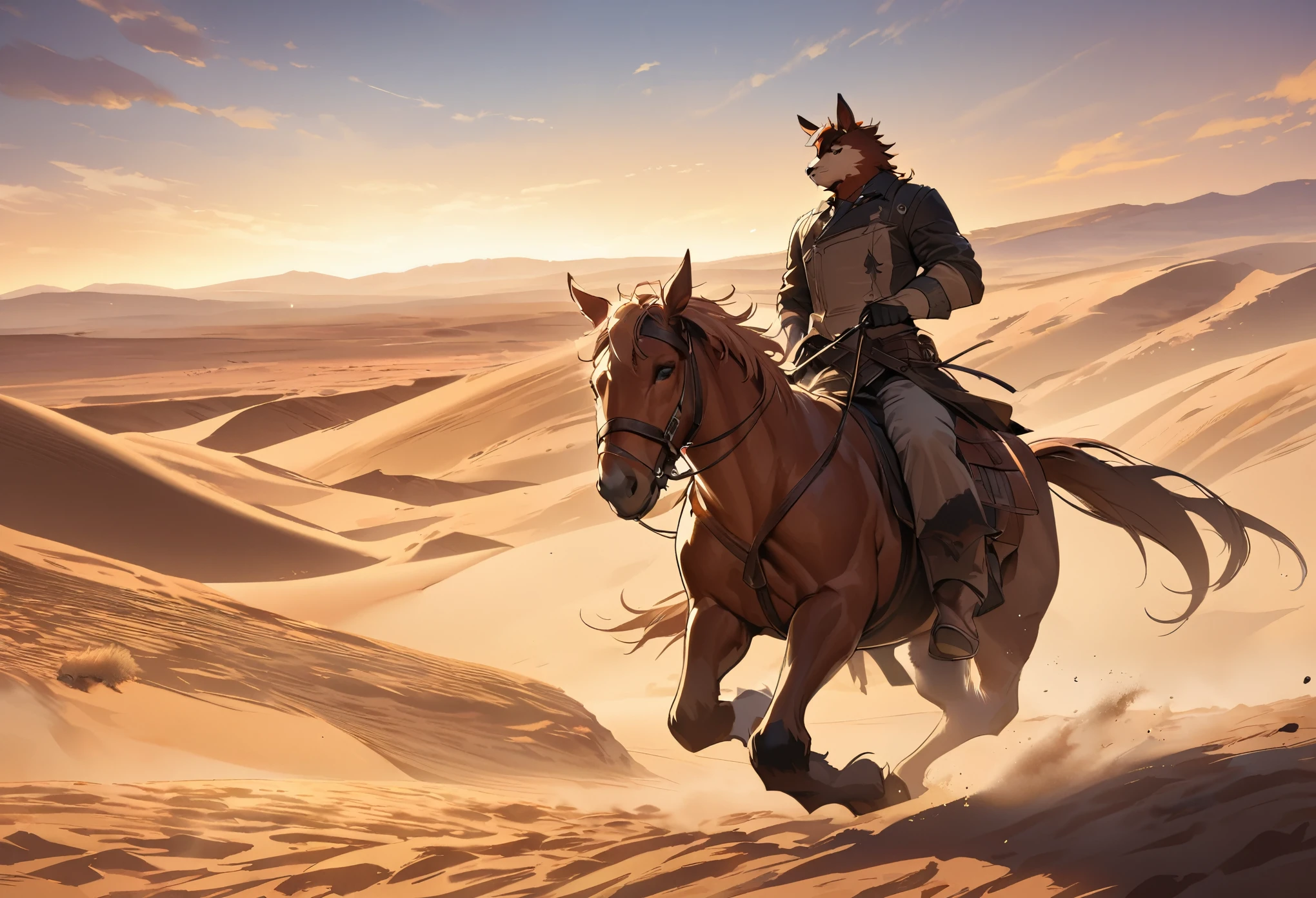 top quality, best quality, High-quality illustrations, masterpiece, super high resolution, detailed background, The desolate and rugged desert landscape at sunset, with the sky turning shades of red and the dry earth stretching into the distance, Cowboys racing across the prairie, stirring up dust as the sound of horse hooves echoes through the air, A lone sheriff standing at the entrance of a saloon, with a wooden sign swaying gently behind him, A gunslinger suddenly emerging from the shadows, his sharp gaze and the silence creating a tense atmosphere, absurdres, perfect anatomy, expression, good lighting, cinematic shadow(kemono, furry anthro)dynamic angle,