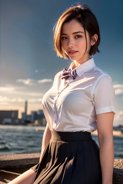 (8k, RAW photo, best quality, masterpiece:1.2), (realistic, photo-realistic:1.37), ultra-detailed, 1girl, cute, solo, beautiful detailed sky, night, sitting, dating, (nose blush), (smile:1.1), (closed mouth), large breasts, beautiful detailed eyes, (collared shirt:1.1), bowtie, pleated skirt, (short hair:1.2), floating hair