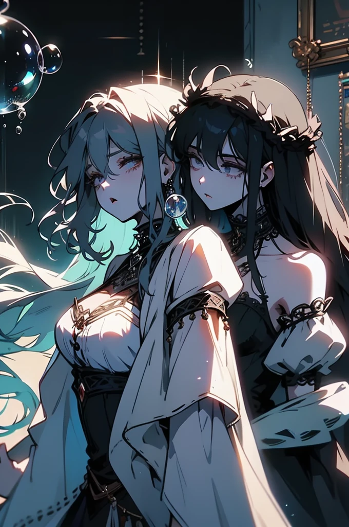(((yuri))), (((2 girls))), traditional witch outfit, hat, absurdres, RAW photo, extremely delicate and beautiful, masterpiece, Best Quality, ultra high resolution, 32k, hyperrealistic, ultra-detailed, detailed description, perfect anatomy, pale skin, 20 years old, detailed beautiful face and eyes, tearful mole, earring, short medium hair, wavy hair, random colored hair, whole body shot, colossal tits,