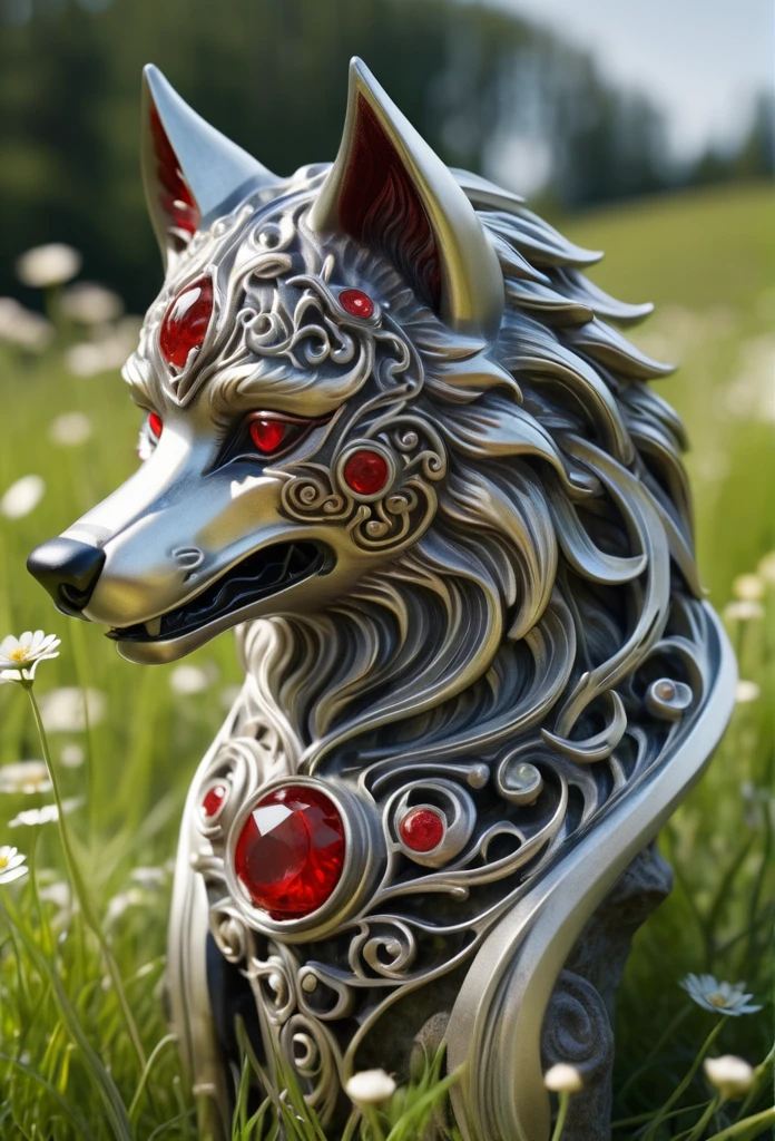 filigree openwork cast iron wolf figure with wavy metal whorls, completely transparent and sunny meadows , and red jewels are embedded in the eyes