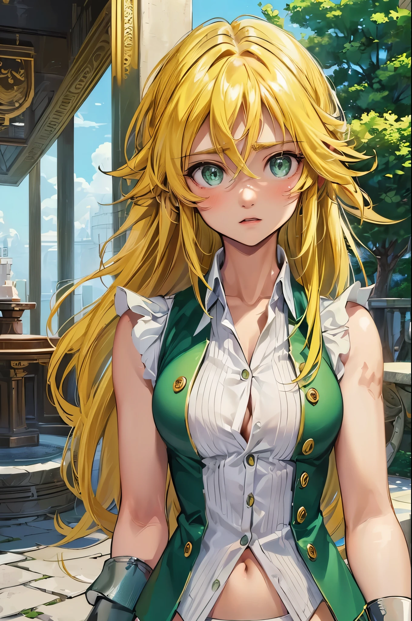 (masterpiece, best quality:1.2), expressive eyes, perfect face, highres, 1girl, solo, (female:1.5), meliodas_nanatsu_no_taizai, blonde hair, long hair, green eyes, white shirt, sleeveless vest, white pants, blushing, worried face, standing, upper body, looking at the viewer