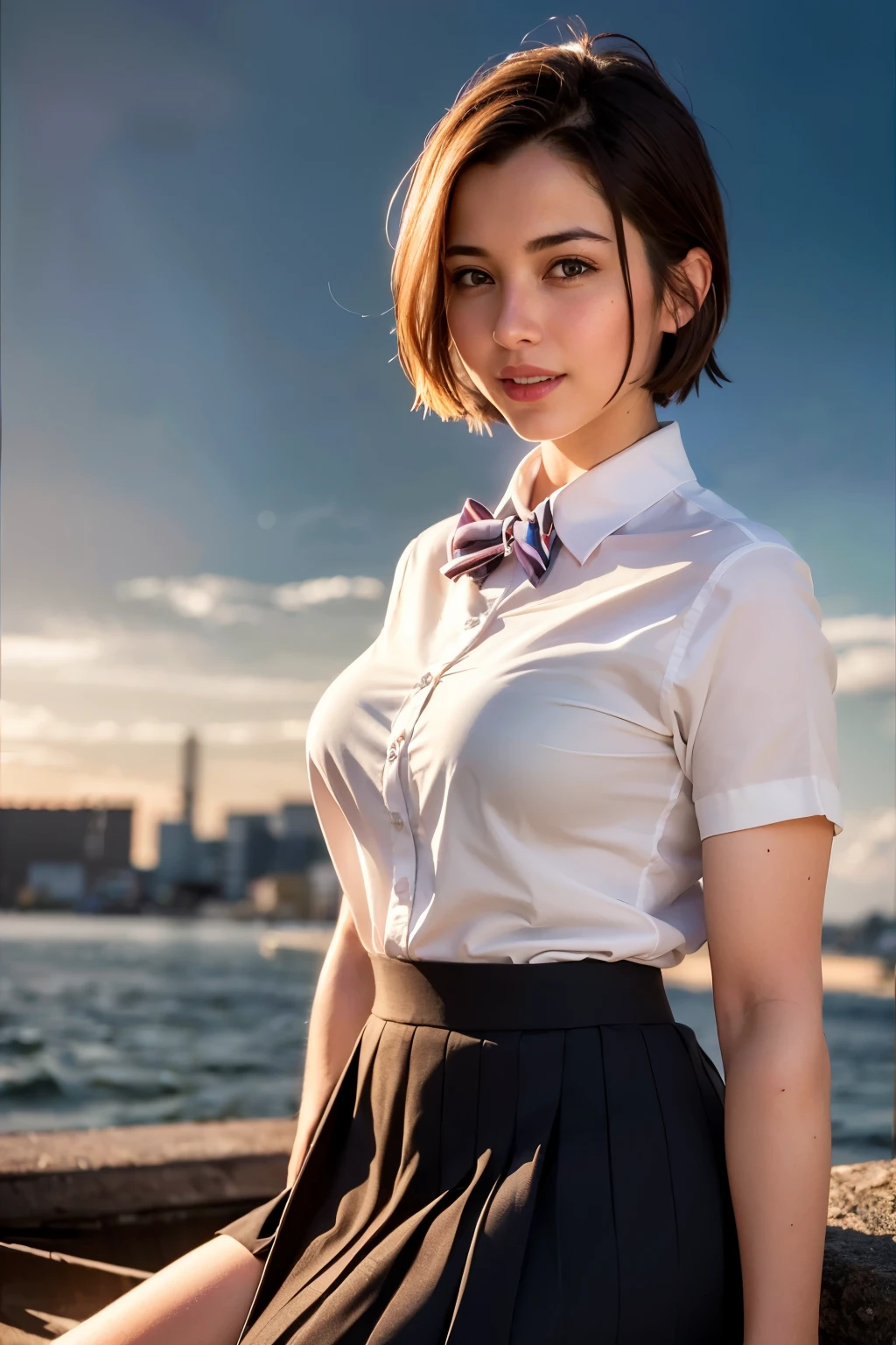 (8k, RAW photo, best quality, masterpiece:1.2), (realistic, photo-realistic:1.37), ultra-detailed, 1girl, cute, solo, beautiful detailed sky, night, sitting, dating, (nose blush), (smile:1.1), (closed mouth), large breasts, beautiful detailed eyes, (collared shirt:1.1), bowtie, pleated skirt, (short hair:1.2), floating hair