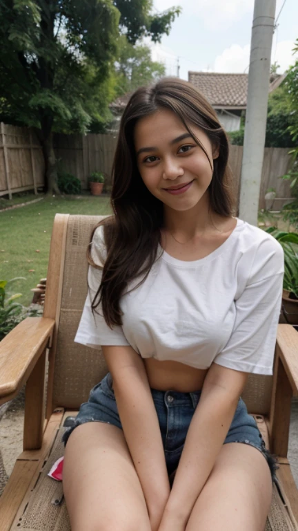 , long hair, big breast, cleavage, wearing white t-shirt, indonesian woman, at a garden chair, cute face, smile face