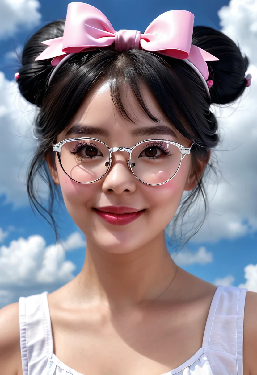 Girl, blue sky and white clouds, wearing silver glasses, happy, happy, reddish cheeks, black hair, wearing pink bow headband, perfect quality, clear focus (clutter - home: 0.8), (masterpiece: 1.2) (Realistic: 1.2) (Bokeh) (Best quality) (Detailed skin: 1.3) (Intricate details) (8K) (Detail eyes) (Sharp focus), (Happy)