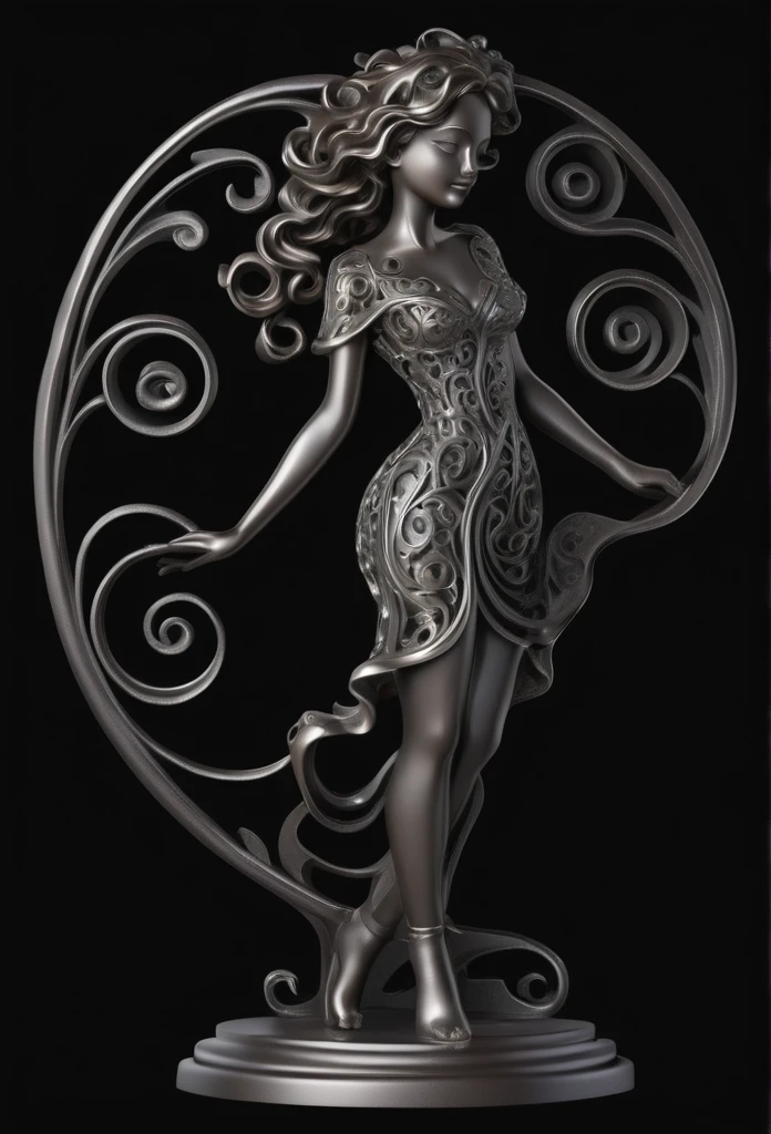 filigree openwork cast iron 1girl figure with wavy metal swirl, fully transparent, simple background,