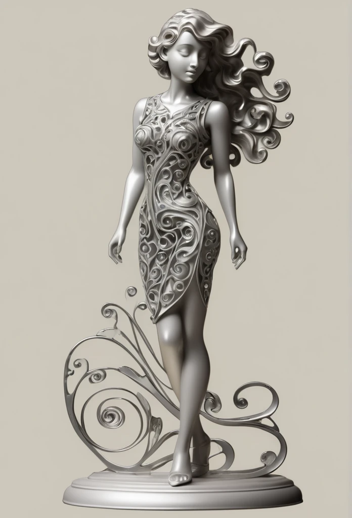 filigree openwork cast iron 1girl figure with wavy metal swirl, fully transparent, simple background,