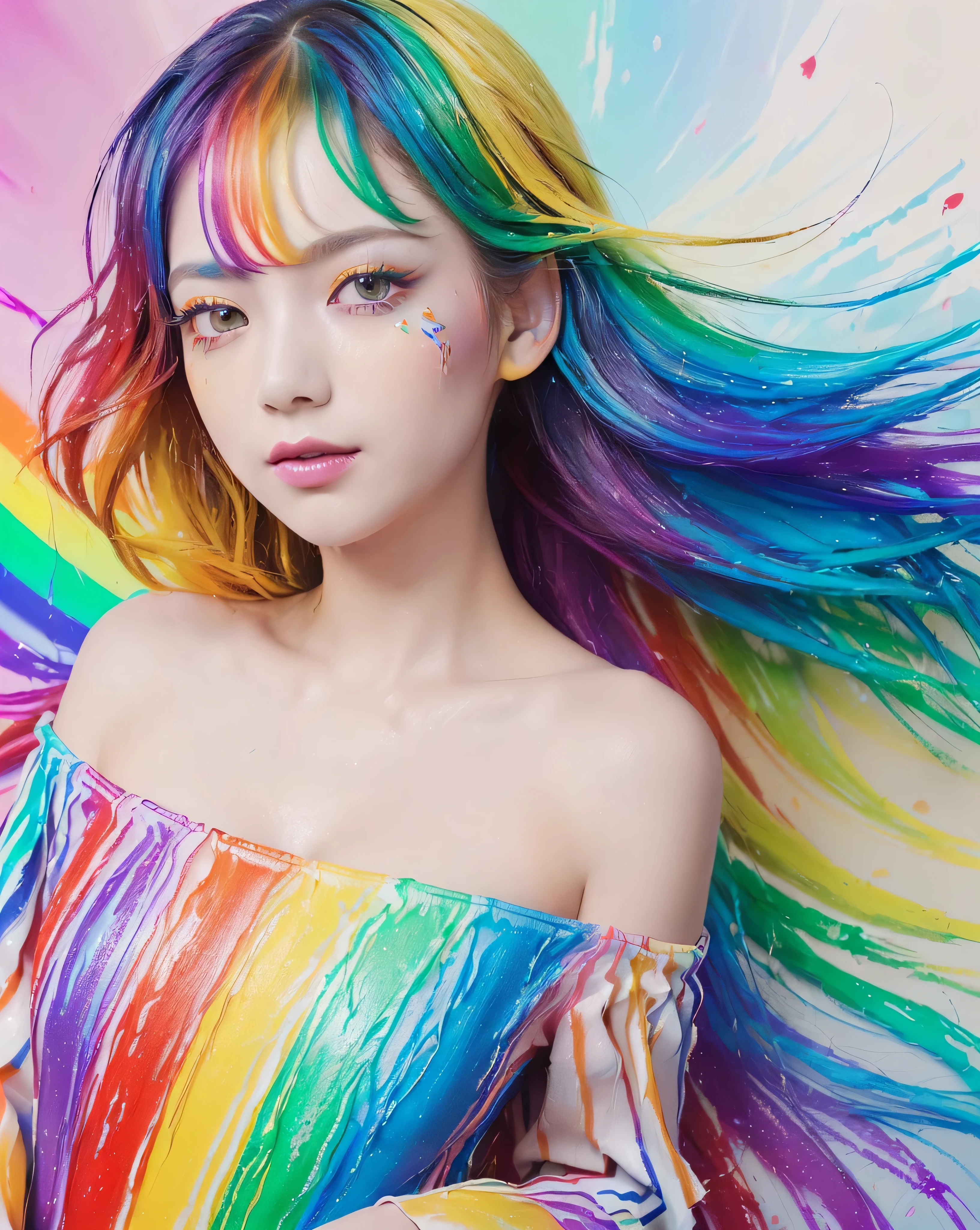 (Pink fashion T-shirt:1.9)、(colourful hair:1.8)、(all the colours of the rainbow:1.8)、((((Vertical Painting:1.6)))、(painterly:1.6)、frontage、comic strip、illustratio、painterly、big eye、Sheer eyes、(Iridescent gradient high ponytail:1.7)、Exquisite makeup、(Small fresh:1.5)、(Wipe Chest:1.6)、long eyeslashes、White off-the-shoulder T-shirt、White shoulder shirt、(rainbow-colored hair:1.6)、 color splashes, (solo:1.8), color splashes, Color explosion, Thick paint style, Messy lines, ((SHINES)), (colourfull), (colourfull), colourfull, colourfull, Chic paint style, (Splash) (color splashes), Vertical Painting, The upper part of the body, paint splashes, Acrylic Pigment, gradients, paint, Top image quality, Top image quality, ​masterpiece, solo, depth of fields, facepaint, colourful clothes, (elegent: 1.2), Gorgeous,length hair, the wind, (elegent: 1.3), (flower petals:1.4)、(((​masterpiece)))、(((top-quality)))、((Ultra-detail))、(dynamic ungle)、((Planktonic))、(paint)、((dishevled hair))、((Detailed anima face)))、((beautifull detailed face))、collars、bare shoulders​、white  hair、((colourful hair))、(((striated hair))、beatiful detailed eyes、(Gradient color eyes)、(((Colorful eyes))))、(colorful backdrop))))、((((a high chroma))))、(((Surrounded by colorful splashes)))、White background、blurry backround、Skin Care Cosmetics、1 person、a beauty girl、、Shyness、red blush、超A high resolution、Beautie、cute little、solo、A Japanese Lady。13years、hi-school girl、a smile。Beautiful young woman model。bright expression、photorealisim、Beautiful face、(pureerosface)、Glowing white shiny skin、Light brown straight hainer hair、Attractive beautiful brown eyes、Double eyelids、、fashionGirl。Wears a white shirt。Close-up portrait。profetional lighting, depth of fieldodel shoot tyle、top-quality、​masterpiece、