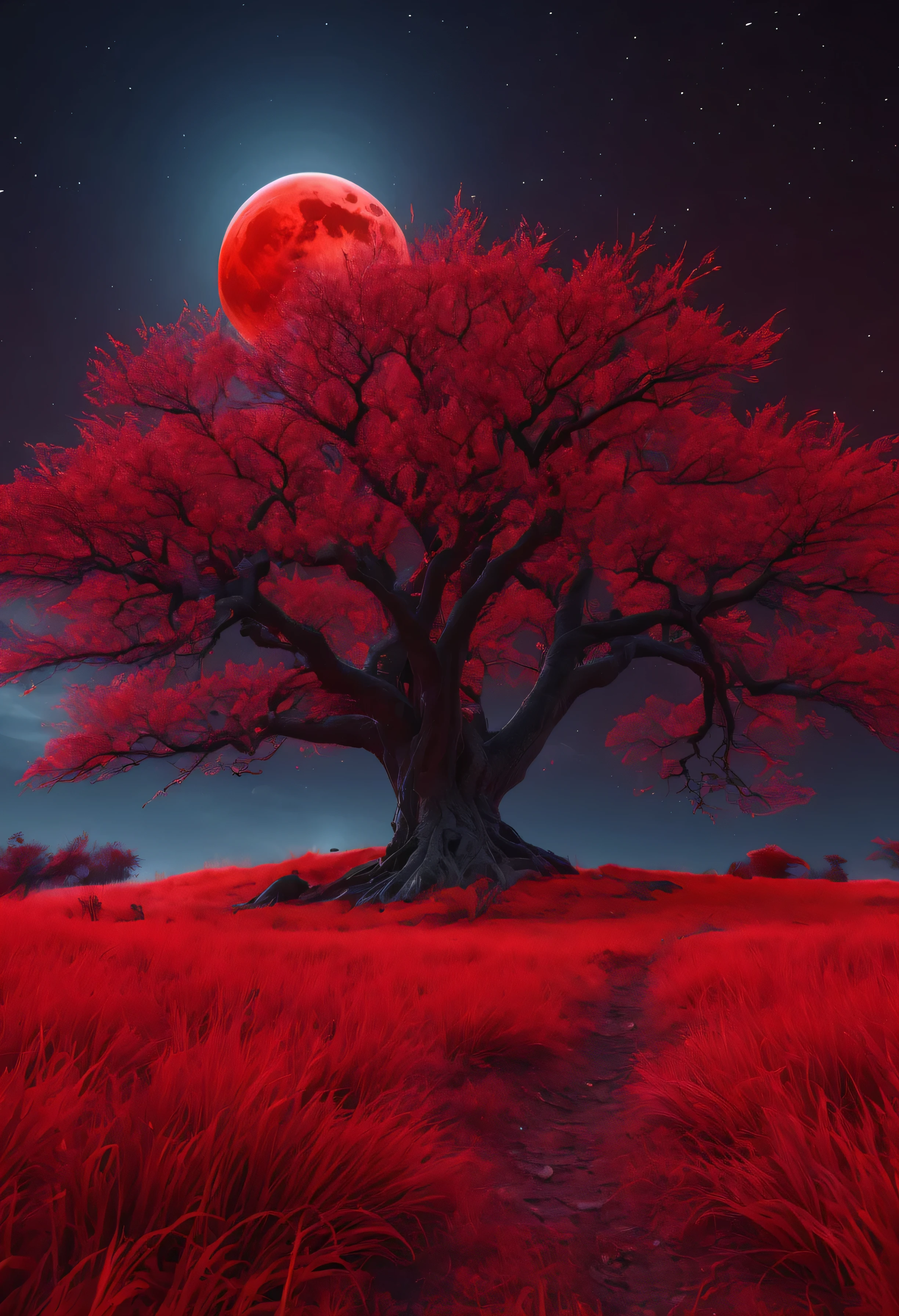Red cinematic background, blood moon,red trees, red scene, cinematic ultra resolution, high resolution,8k landscape aspect ratio, red grass. Big tree in the center 