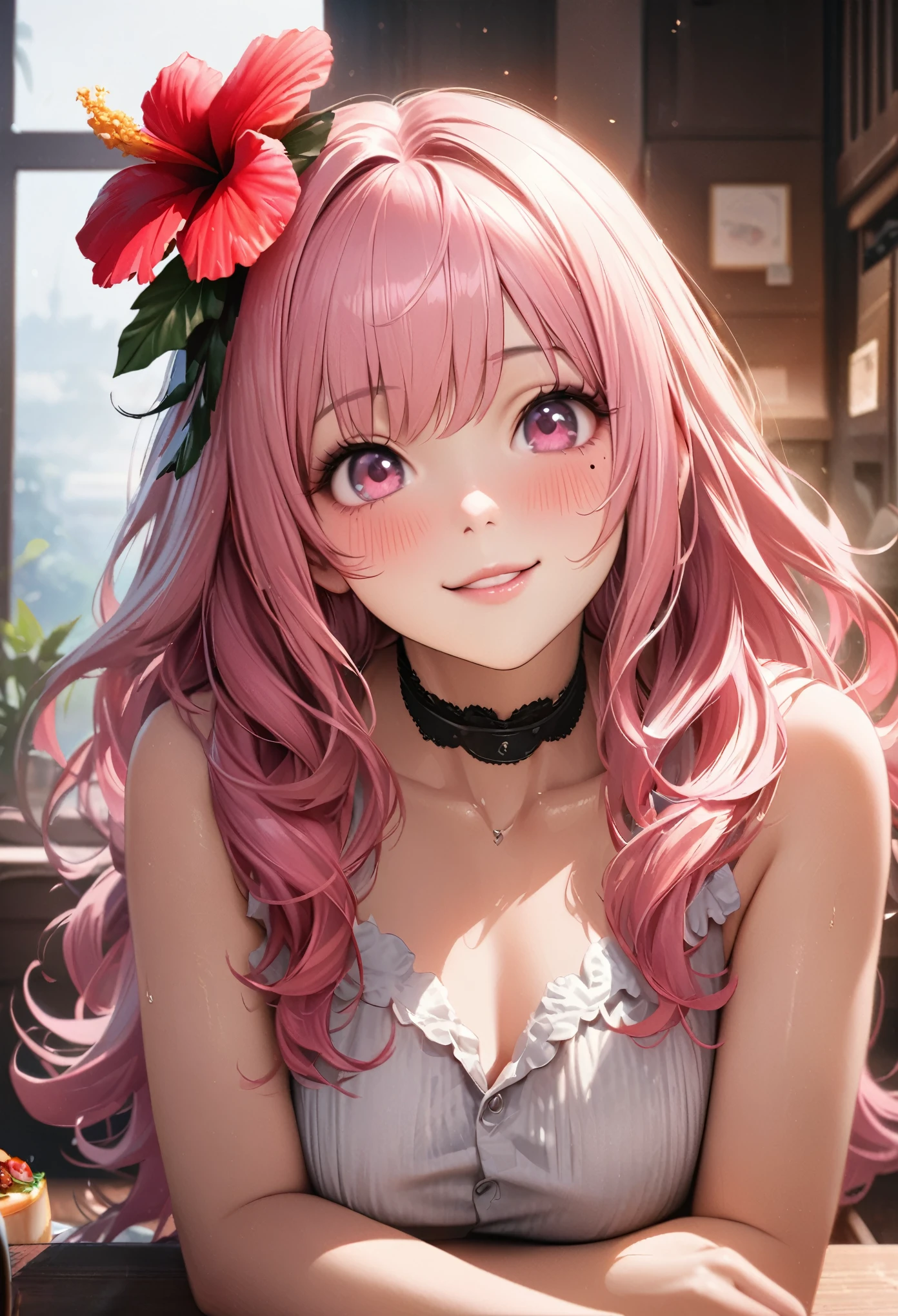 masterpiece, highest quality, Very detailed, High resolution, Expensive resolution, High resolution, 4K, 8k, unity 8k wallpaper, Very detailed CG, masterpiece,  Realistic、 Beautiful details, depth, Fine texture, highest quality: 1.3, Total concentration, Crisp skin, he, Very cute anime, Cute like an idol, expensive pink long hair, One Girl, Aloha One Piece, morning, morning食, Hibiscus Hair Accessories, Smiling long pink hair, whole body, Mole under  eye, Line Sight, expensive, blush, Lips parted, heart, Pink Eyes, choker