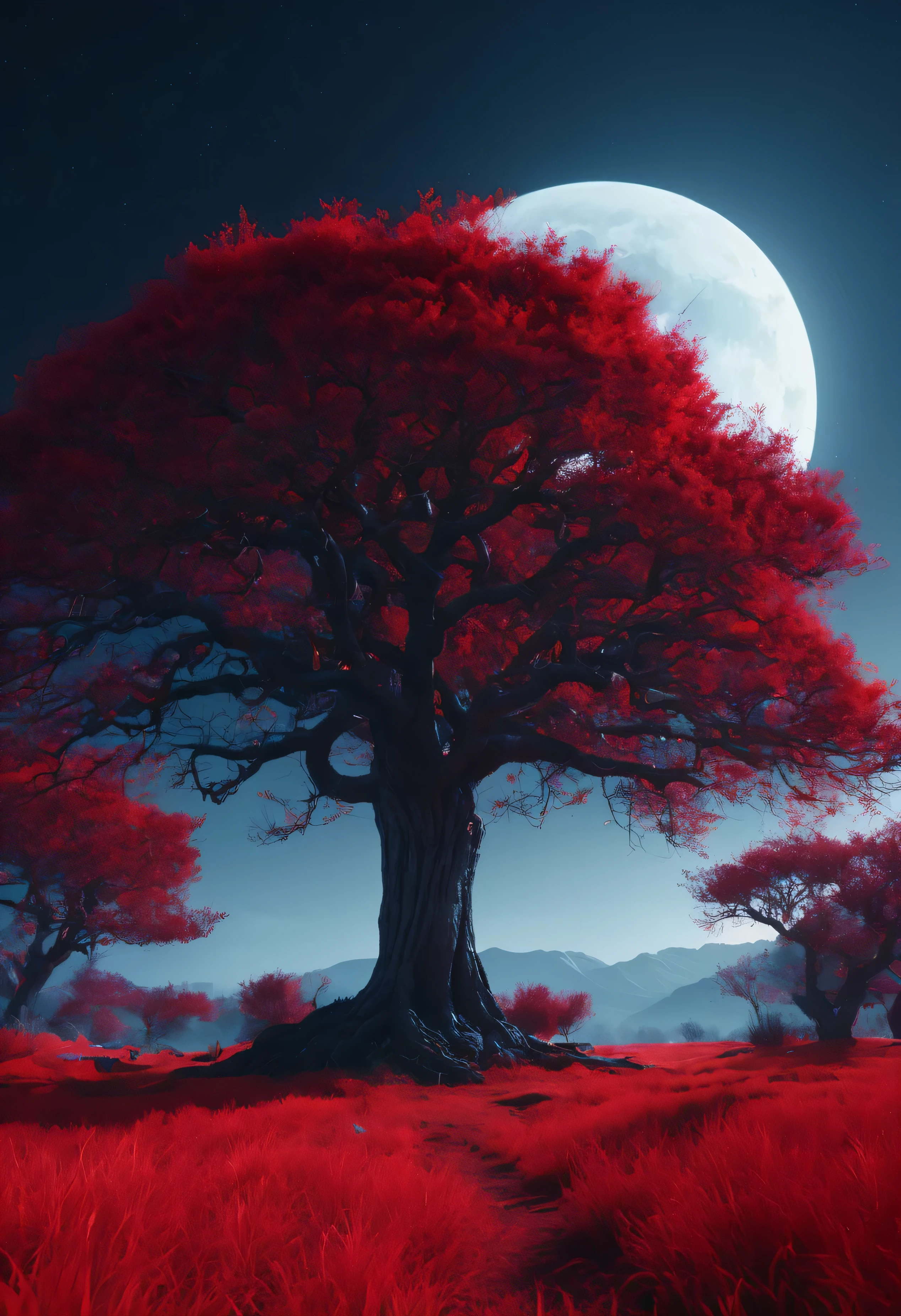 Red cinematic background, blood moon,red trees, red scene, cinematic ultra resolution, high resolution,8k landscape aspect ratio, red grass. Big tree in the center 