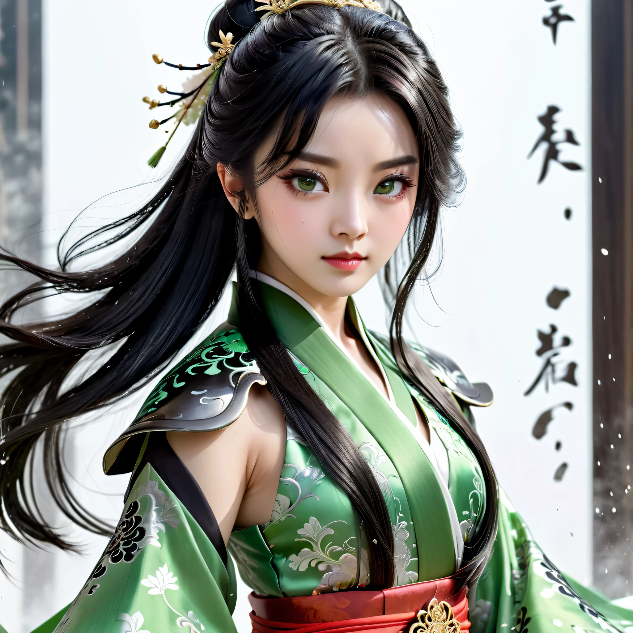 1 girl, heroine, handsome, splashed ink, Chinese armor, (upper body), black hair, floating hair, delicate eyes, black and green antique damask Hanfu, fov, (f1.8), (masterpiece), (portrait shot), front shot, white background, (movie poster), weapon