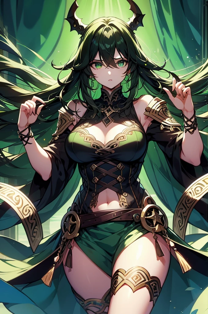 masterpiece, best quality, detailed clothes,1girl, green eyes, black hair, solo, long hair, ponytail, bangs, large breasts, black and gold standard low cut, v-cut dress with skirt, fighting, holding broadsword/greatsword