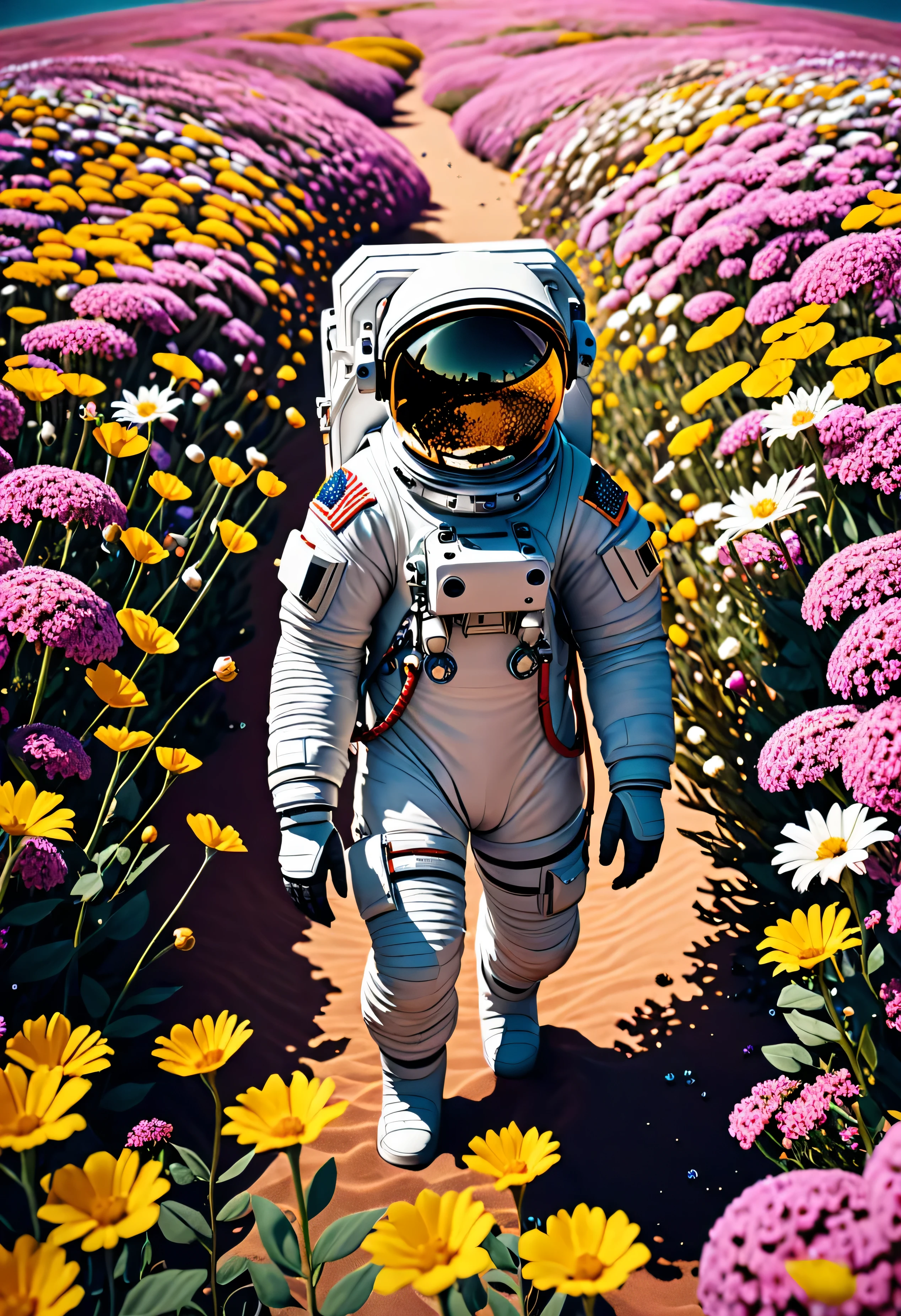 African astronaut walks into a sea of flowers, space suit made out of African calico, 8k cinematic 