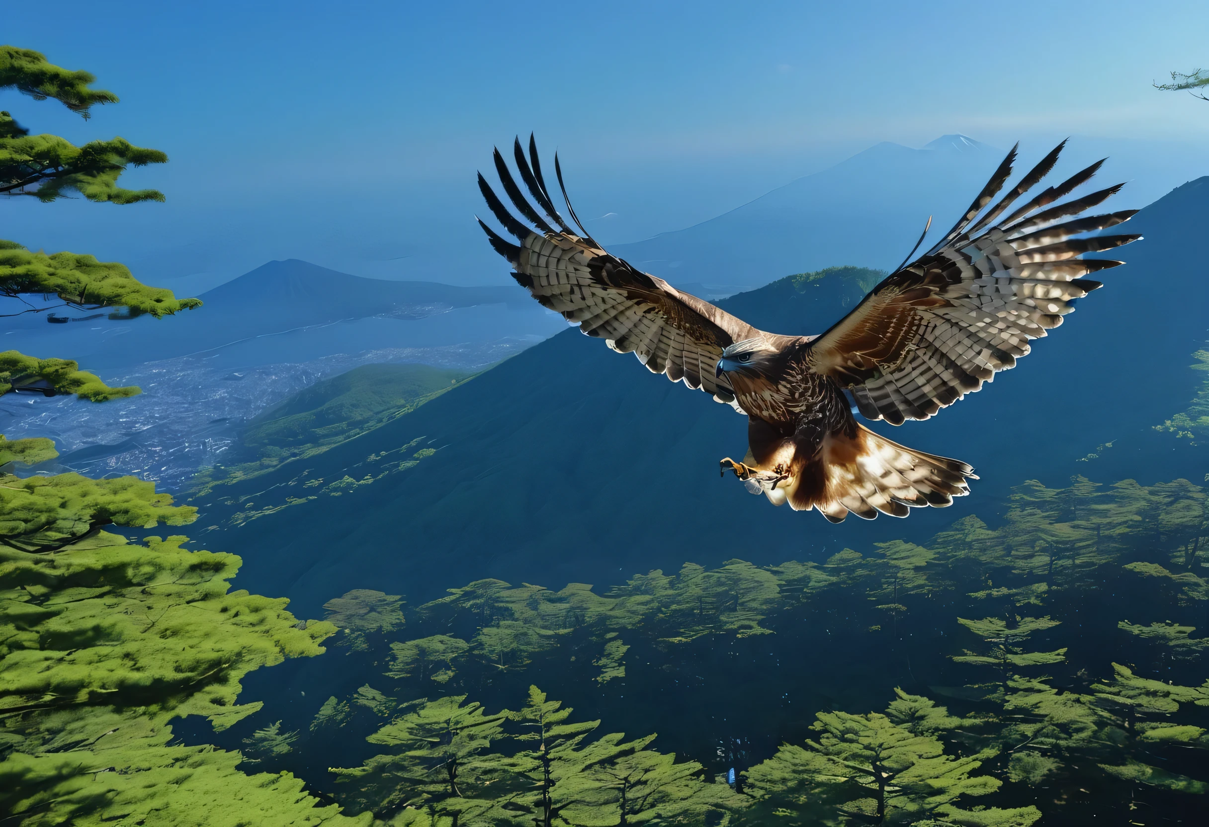 hawk is flying, One beautiful, high resolution, high quality, master piece, Brave, photo, 8K, Around the sea of trees on Mt. Fuji,