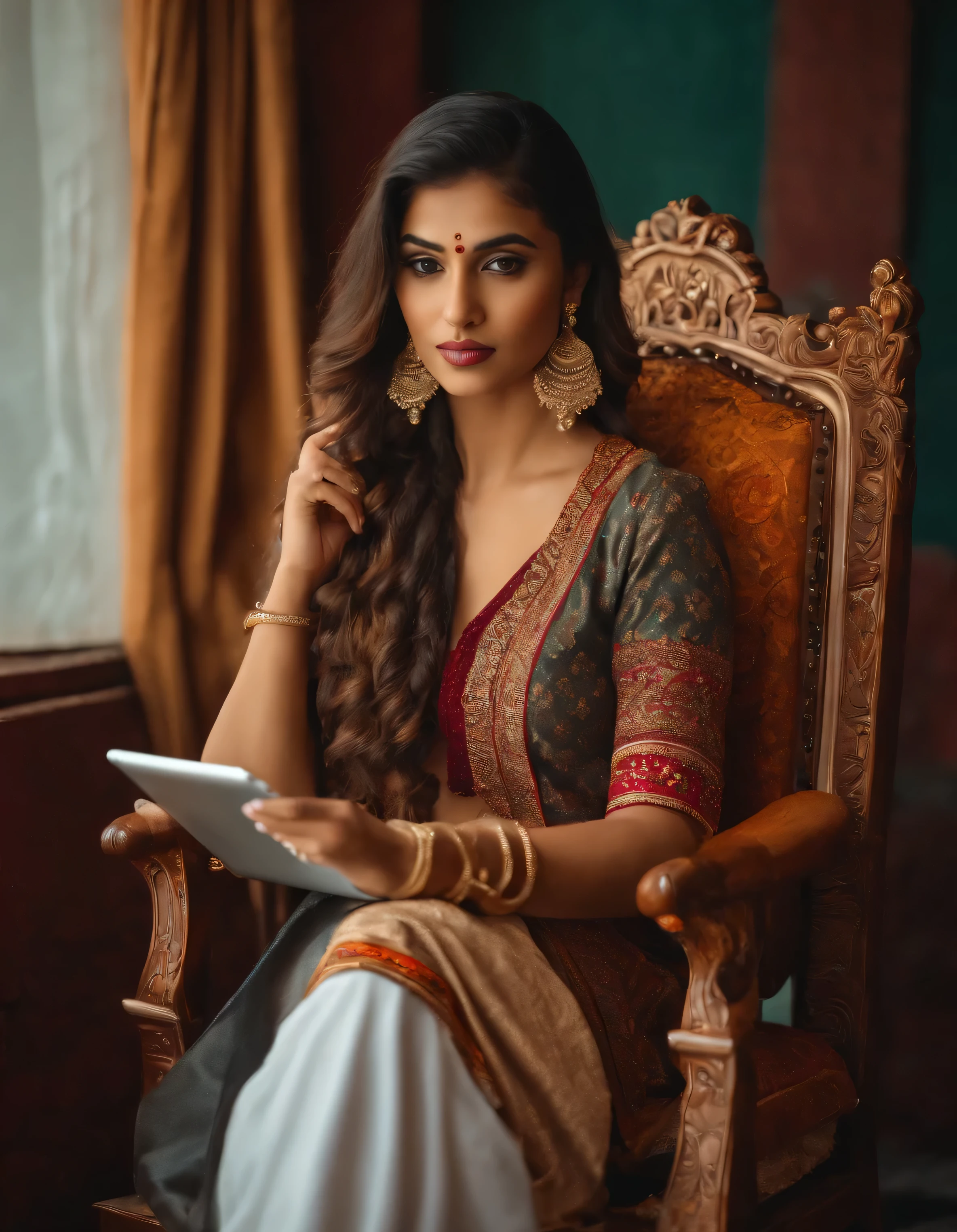 A girl in an Indian modern outfit sitting on a beautiful chair, looking directly into the camera, holding a tablet in her hands.
