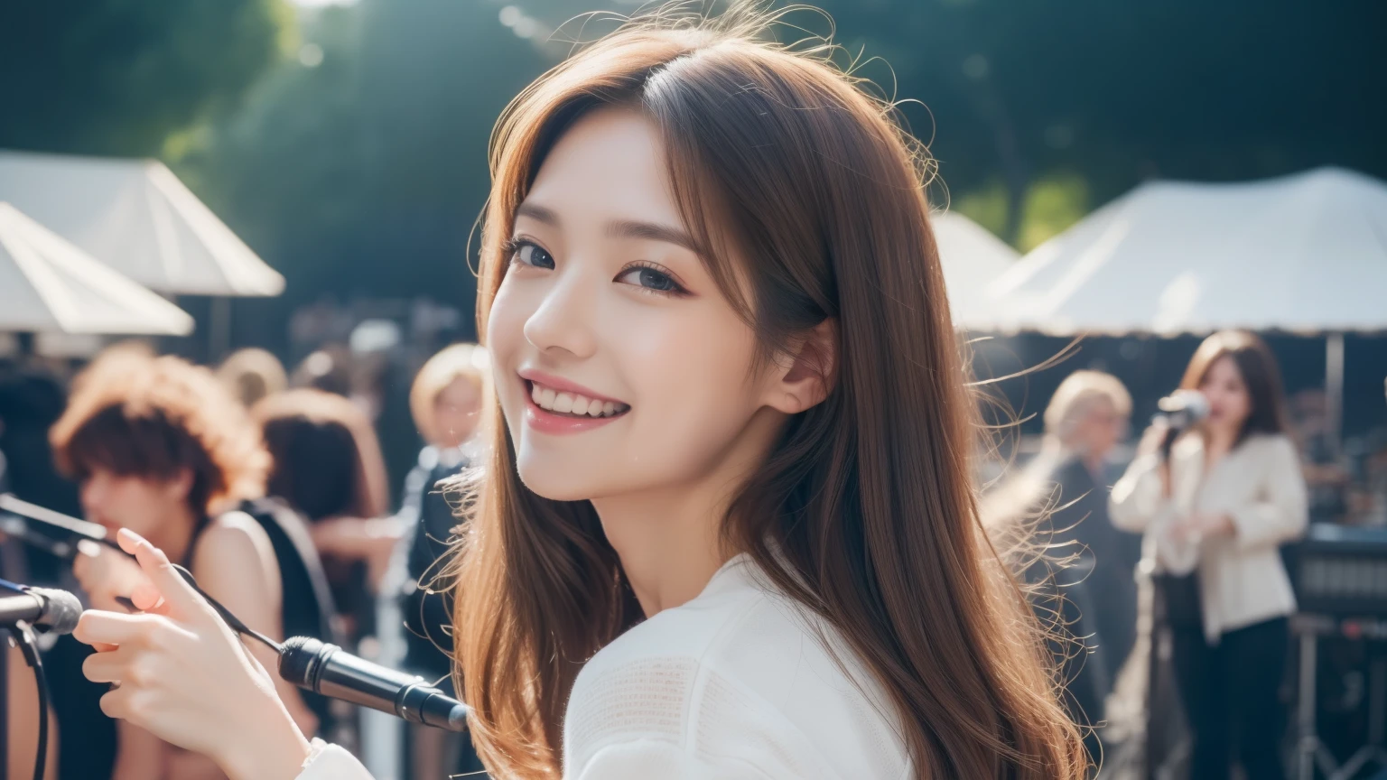((top-quality、in 8K、masterpiece:1.3、超A high resolution))、(Clear focus:1.4)、A Japanese Lady、cute little、1 persons、full body Esbian、(Twisting the body:1.1)、light skinned、((dark brown hair))、long、Holding an umbrella、(Detailed fabrics、Detailed fabrics、leather jackets:1.5、Skinny Jeans)、Super fine face、hyperdetailed face、A detailed face、A detailed eye、Narrow-eyed、Moisturized eyes、double eyelid、Natural Skin、Reddish cheeks、Detailed skin、Sweating、Lustrous skin、glowy skin、Shine skin、Shaded skin、glowy skin、Wearing makeup、Detailed lips、ruddy lips、Laughing、Break HA、(Colossal tits:1.1)、Beautiful leg line、looking in camera、BREAK、(Detailed background:1.1、Outdoor Concerts:1.8)、Natural lighting