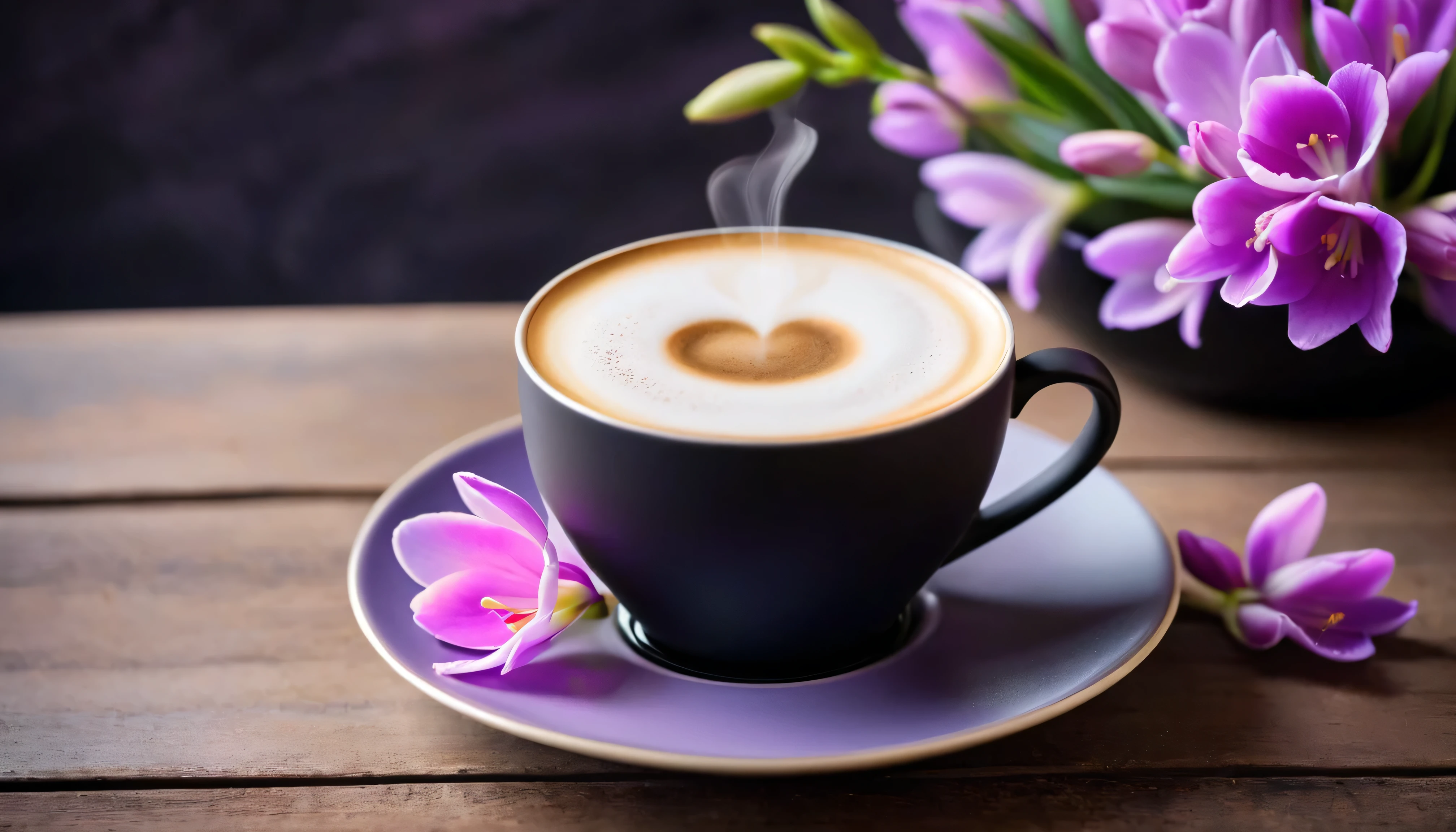 there is a a cup of coffee on a saucer with a flower in the background, (( Black matte ceramic coffee cup:1.7)), photos taken, Pixel, romanticism, Morning coffee, morning time, a cup of coffee, portrait of Morning coffee, coffee smell, Beautiful images, Pink purple freesia on coffee beans and white.Between Flowers, Bokeh background.Morning mood, soft morning light, Spring morning, Good morning