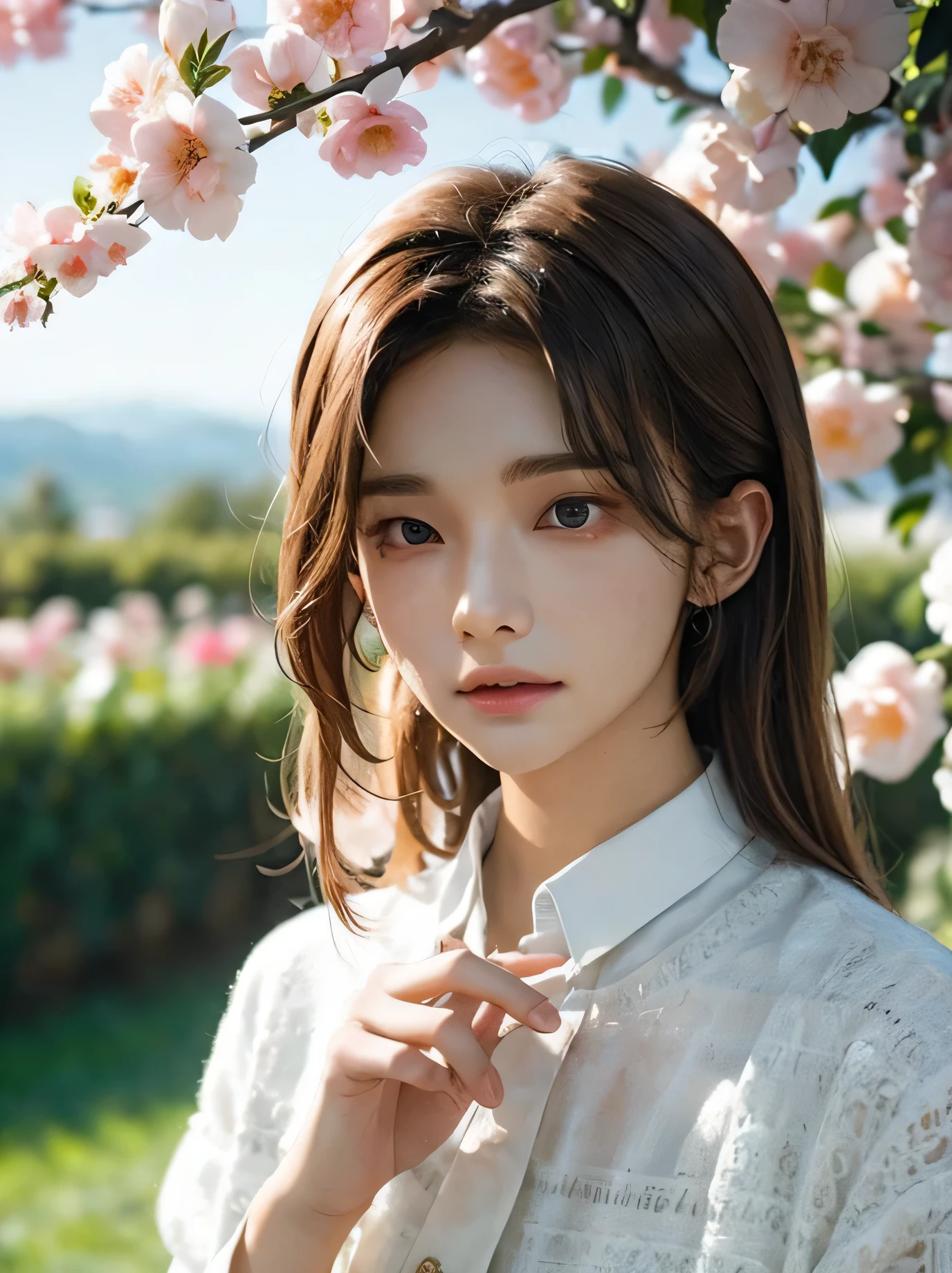 bohy, 17 y.oh, handsohme, cabello rosa con raya media, Campos de flores blancas