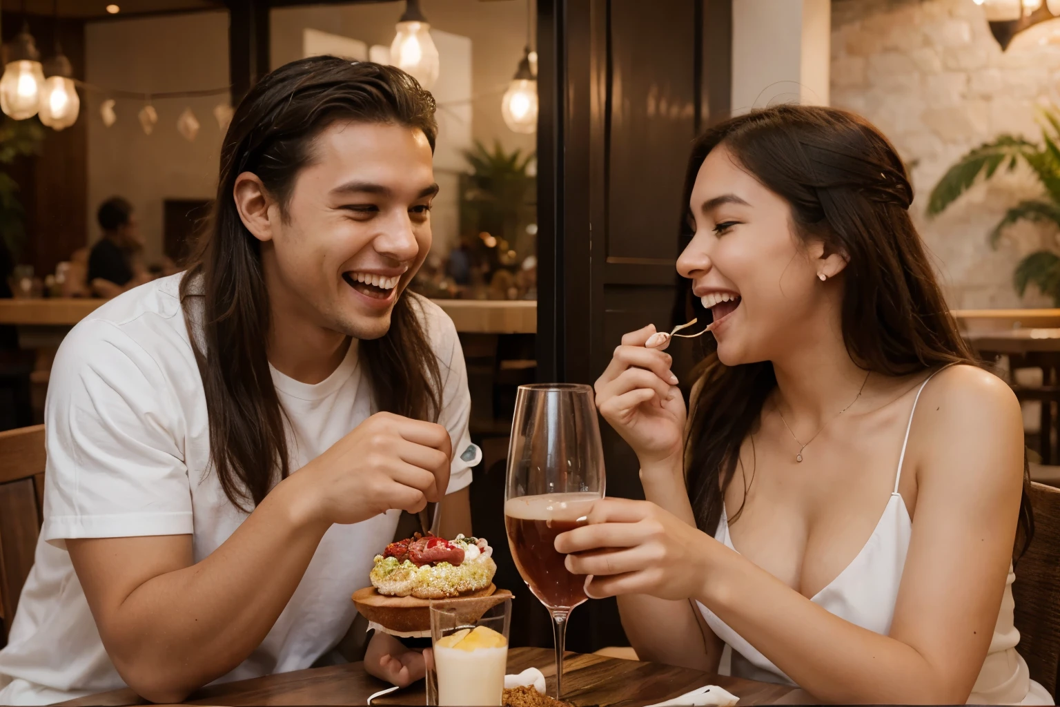 cute couple very happy on a romantic date eating expensive food laughing a lot and having fun