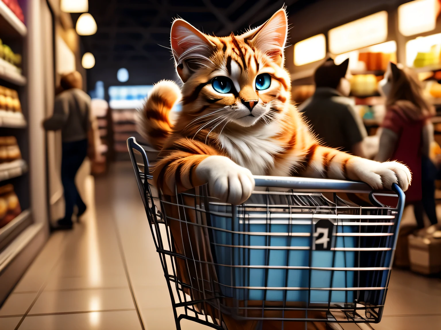 orange and white Wallecat, portrait, full body portrait, fluffy cat, Blue eyes, (orange fur:1.2), Cinematic, realism, film style, Beautiful, Sharp Focus, epic, looking at the camera, shopping at the market, pushing the shopping cart, cat behind shopping cart