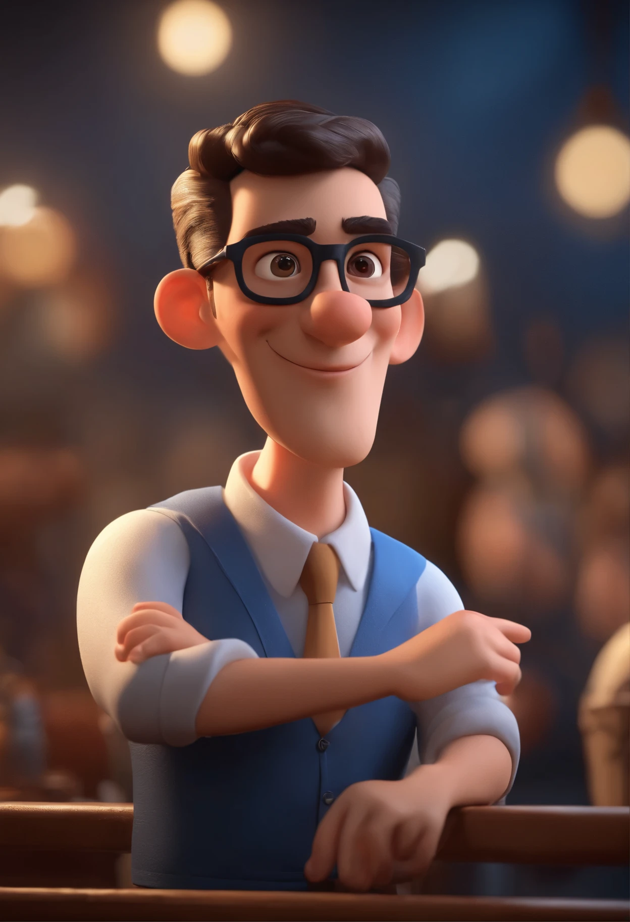 Cartoon character of a man in black glasses and blue shirt, um personagem animado, Caractere estilizado, animation style rendering, 3D estilizado, Arnold Maya rendering, Stylized 3D rendering, toon render screenshot, Personagem 3D, Personagem 3D, Stylized 3D rendering, 3D character rendering, personagem de desenho animado, Personagem de close up, Pose de personagem, (Estilo Pixar) (parte mestre:1.2) (Bokeh) (melhor qualidade) (pele detalhada) (textura detalhada) (8k) (argila) (cinematic lighting) (sharp focus,Senta e vaza a parte superior do corpo