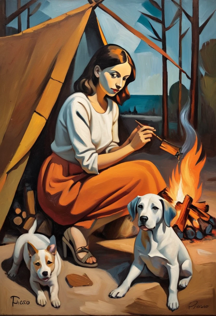 Oil painting, girl, dog, campfire, pablo picasso style