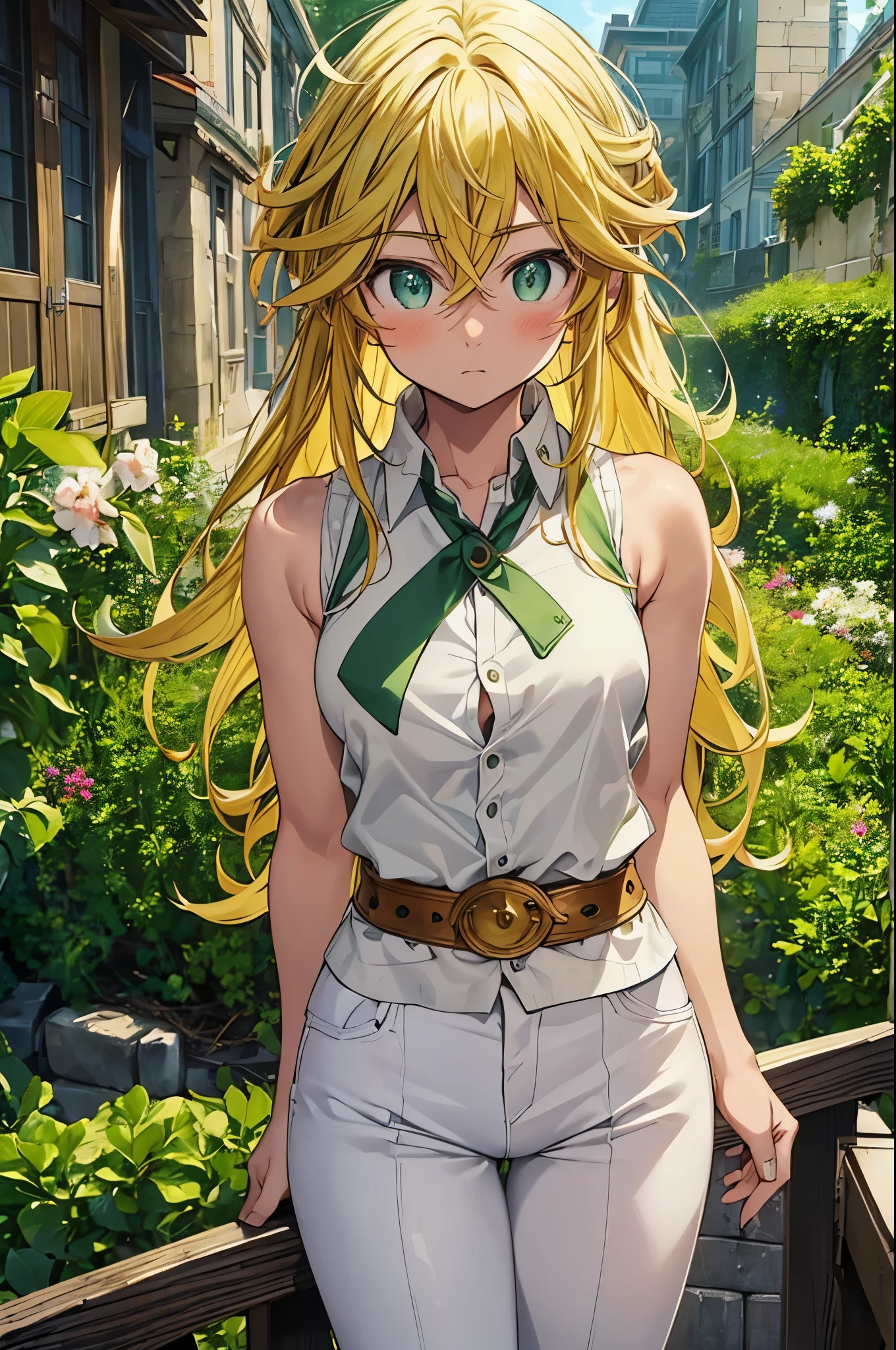 (masterpiece, best quality:1.2), expressive eyes, perfect face, highres, 1girl, solo, (female:1.5), meliodas_nanatsu_no_taizai, blonde hair, long hair, green eyes, white shirt, sleeveless vest, white pants, blushing, worried face, standing, cowboy shot, looking at the viewer