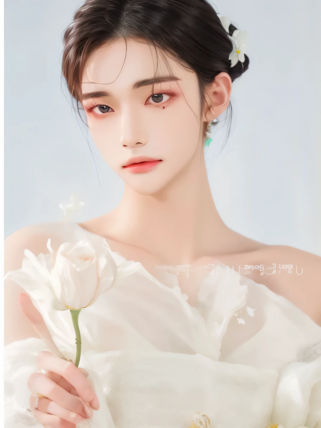 A closeup of a woman holding a flower in her hand, Hanni Pham do Newjeans, ethereal beauty, maquiagem suave, dilraba dilmurat, pale milky white porcelain skin, lindo rosto delicado, lindo rosto delicado, Clear, high-quality lips, Hanni Pham, Retrato de Hanni Pham, maquiagem coreana popular, beautiful pale makeup, maquiagem sul-coreana popular, pele branca leitosa.