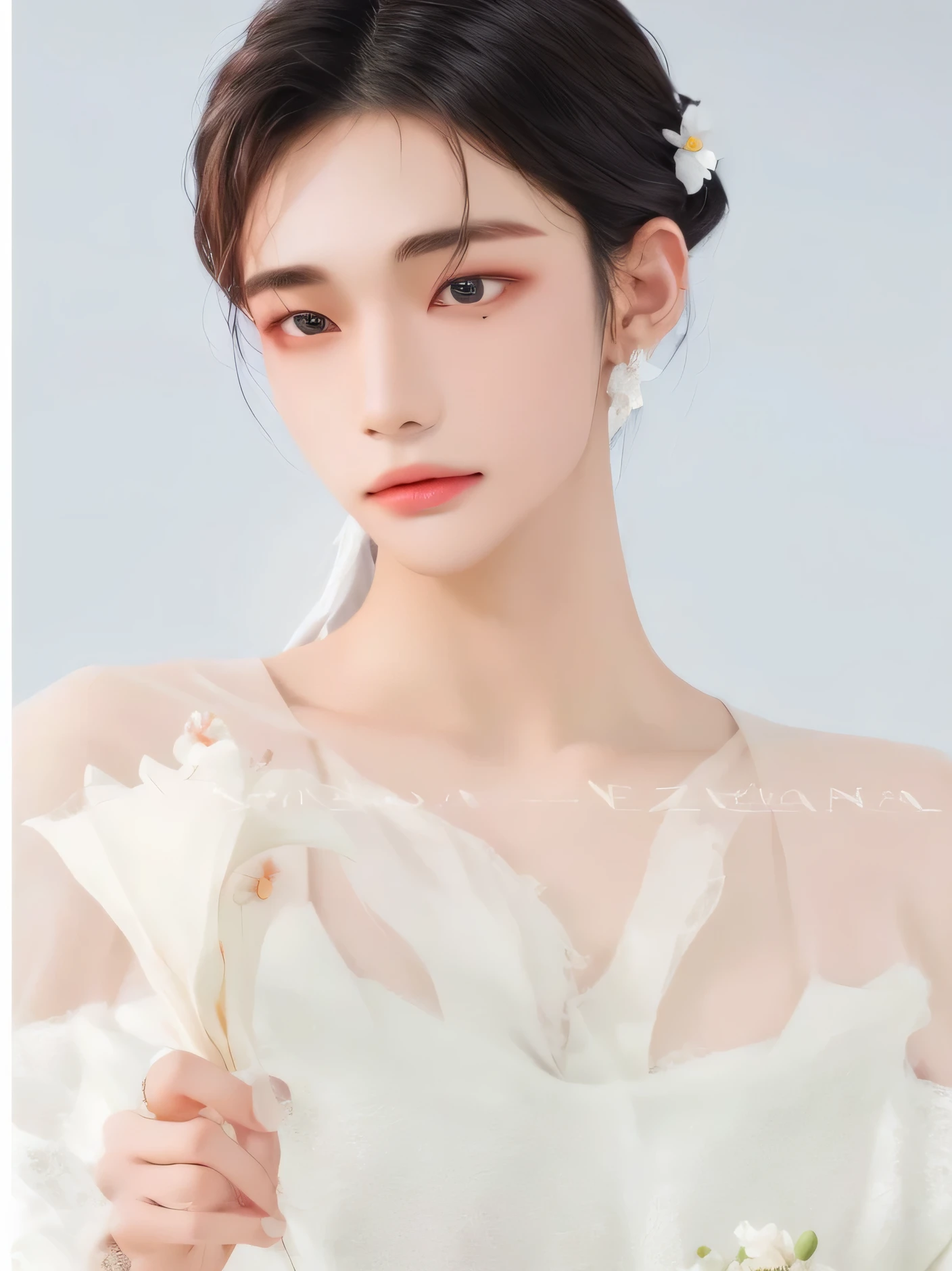 A closeup of a woman holding a flower in her hand, Hanni Pham do Newjeans, ethereal beauty, maquiagem suave, dilraba dilmurat, pale milky white porcelain skin, lindo rosto delicado, lindo rosto delicado, Clear, high-quality lips, Hanni Pham, Retrato de Hanni Pham, maquiagem coreana popular, beautiful pale makeup, maquiagem sul-coreana popular, pele branca leitosa.