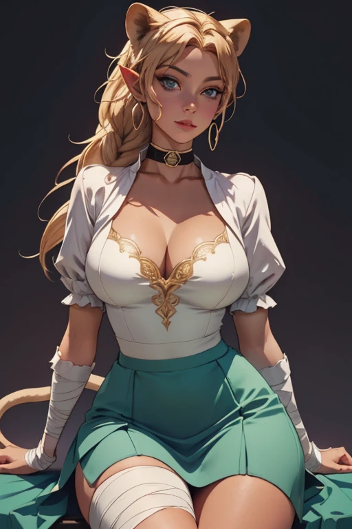 Aisha, dark-skinned_female, bell, (pointy_ears), blue_eyes, realistic, collar, (circlet), facial_mark, single_braid, (lion_tail), cleavage, skirt_suit, jewelry , ((bandaged_leg)), green outfit, ((mature_woman)), ((adult woman)), (milf:1.2) ,seductive look, perfect face, make up, eye shadow, ((gorgeous)), Extremely beautiful, perfect, (wide hips),  ((perfect female body)), ((narrow waist)), seductive, alluring, wide breasts, thick thighs, round breasts,  (toned physique),  beautiful, (masterpiece:1.2), (best quality:1.2),  cinematic,  perfect skin, perfect lighting, textured skin, detail, beauty, wonder, sharp focus, ultra-detailed, illustration, perfect face, ((gorgeous)), Extremely beautiful, perfect, detailed background, seductive, alluring, (detailed background, intricate background:1.1), beautiful,