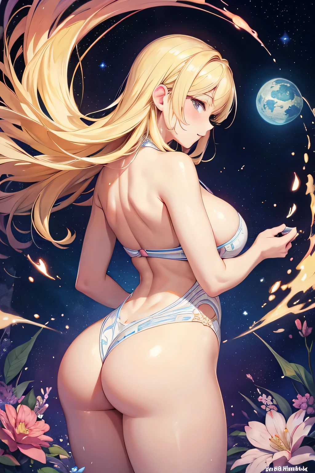 Masterpiece, blonde milf Woman, Colorful light illuminating the world, curvy, Astral body human, (masterpiece), Very delicate,best quality, ultra-detailed, illustration, an extremely delicate and beautiful,abstract, from behind