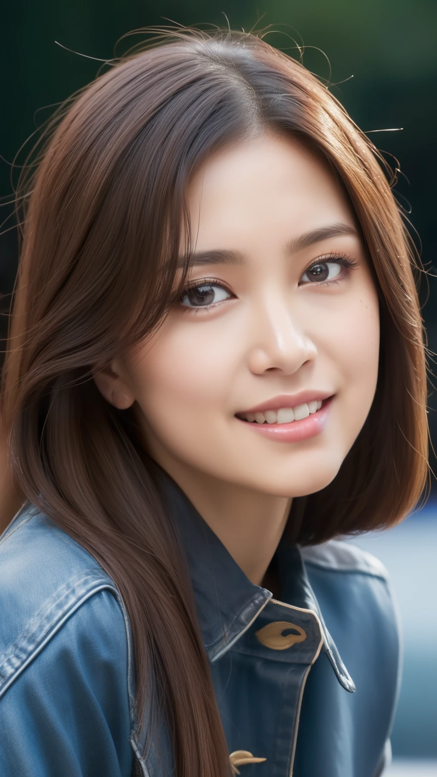 ((Top Quality, 8K, Masterpiece: 1.3, Super A High Resolution)), (Clear Focus: 1.4), Japanese Woman, Cute, Alone, Full Body Esbian, (Twisting the Body: 1.1), Light Peel ((dark brown hair)), long sleeveless, (detailed fabric, detailed fabric, leather jacket: 1.5, skinny jeans), very detailed face, very detailed face, detailed face, detailed eyes , narrow eyes, moist eyes, double eyelids, natural skin, red cheeks, detailed skin, sweating, glossy skin, glossy skin, glossy skin, shadowy skin, glossy skin, makeup, detailed lips, Ruddy lips, smile, break HA, (huge breasts) :1.1), beautiful leg lines, beautiful long legs, looking at camera, BREAK, (detailed background: 1.1, outdoor concert: 1.8), natural light