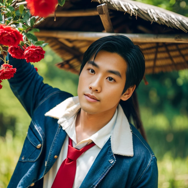 Asian man in his 20s with long, flowing hair,) Looking intently,) Focus on the face clearly,) The countryside outdoors has bright red flowers all around and an old thatched hut., He wore a leather jacket and a red tie.,Blue,black,) Exaggerated colors cool action poses,) 8K images, Shot with a high quality camera with 45000000000 pixels.