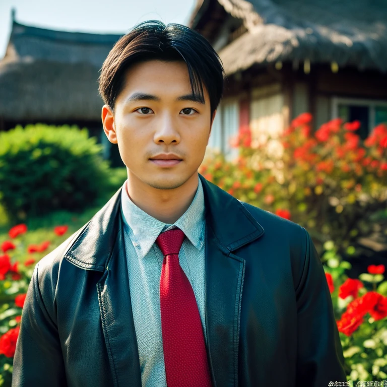 Asian man in his 20s with long, flowing hair,) Looking intently,) Focus on the face clearly,) The countryside outdoors has bright red flowers all around and an old thatched hut., He wore a leather jacket and a red tie.,Blue,black,) Exaggerated colors cool action poses,) 8K images, Shot with a high quality camera with 45000000000 pixels.