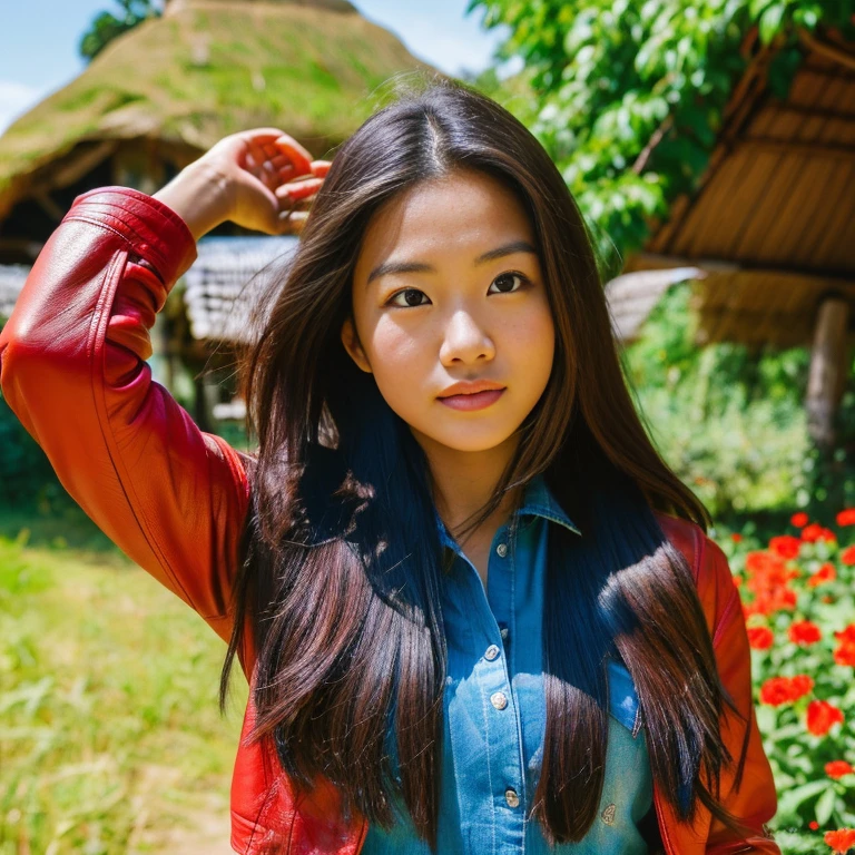 Young Asian woman with long, flowing hair, Looking at the camera,) Focus on the face clearly,) The countryside outdoors has bright red flowers all around and an old thatched hut., wearing a blue leather jacket,black,)  Exaggerated colors cool action poses,) 8K images, Shot with a high quality camera with 45000000000 pixels.