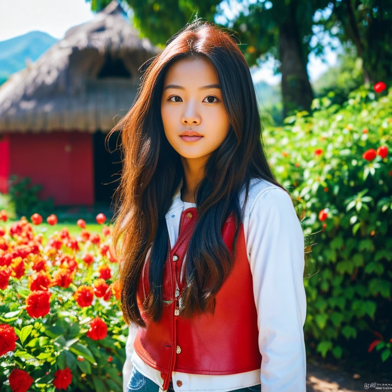 Young Asian woman with long, flowing hair, Looking at the camera,) Focus on the face clearly,) The countryside outdoors has bright red flowers all around and an old thatched hut., wearing a blue leather jacket,black,) Exaggerated colors cool action poses,) 8K images, Shot with a high quality camera with 45000000000 pixels.