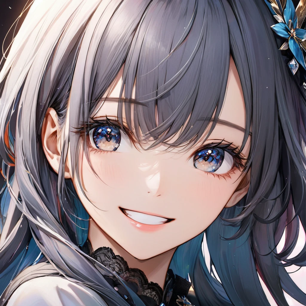 ((masterpiece)),((best quality)),((ultra detailed)),(extremely detailed),((absolutely resolution)) ,absurdres,8k, 1girl, close up face, grin, long hair, multicolored hair,