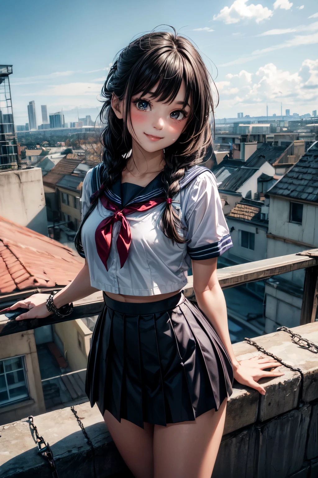 very cute and beautiful girl,(highly detailed beautiful face),(smile:1.2),blush,black hair,twin braid, standing,serafuku,pleated navy blue mini skirt,skirt lift,white panties, summer,school rooftop,building,chain-link fence, (best quality,masterpiece:1.0),absurdres,highres,ultra-detailed,extremely detailed,32k,8k resolution, intricate details,cinematic scene,detailed background,solo,dynamic angle,