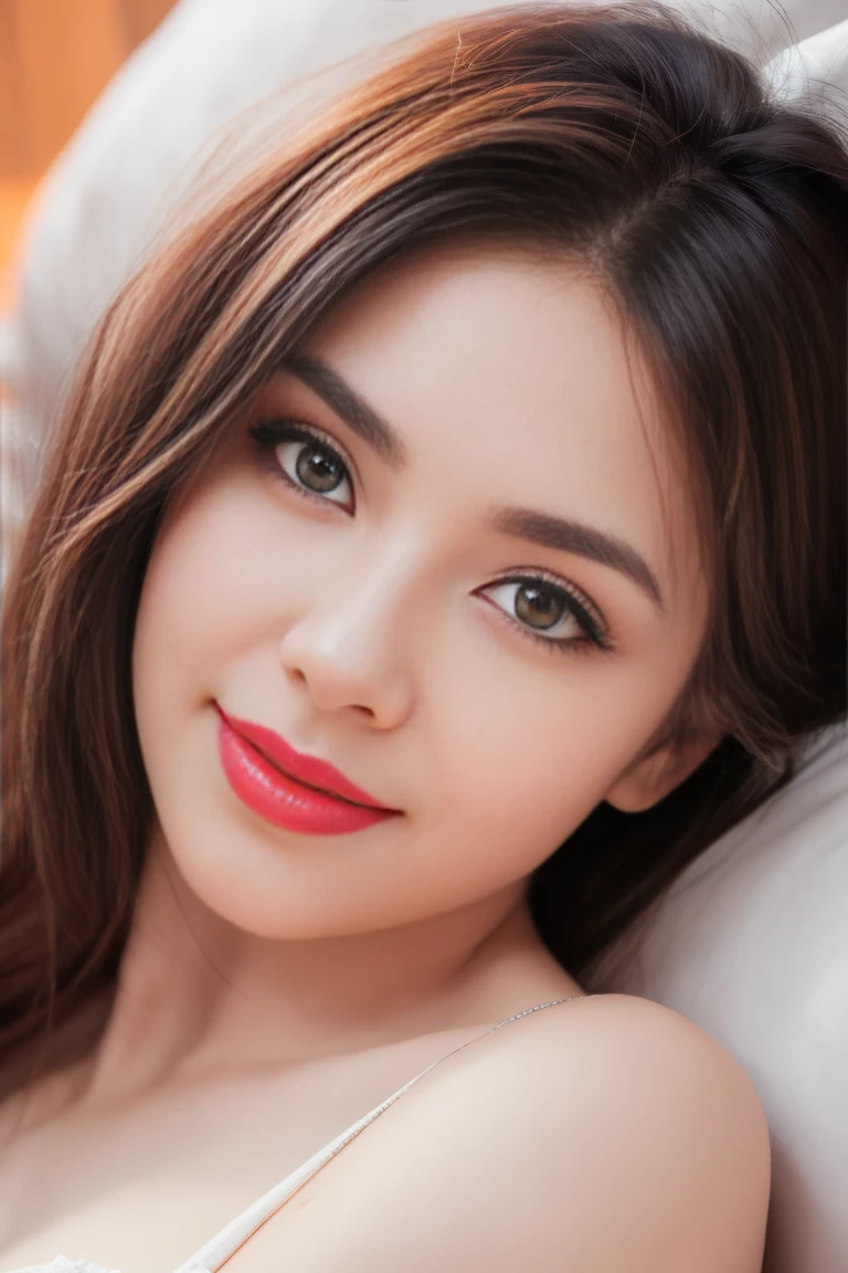 Pose for a picture lying in bed ,bare shoulders, dress, fashi-girl, red lips, mature female, makeup, Big eyes. Pretty eyes, ((Random shooting angles)), (best quality, masterpiece:1.2), ultra-detailed, (realistic:1.37), beautiful, youthful, glamorous model with (detailed eyes, detailed lips, extremely detailed eyes), with white colors, showcasing a radiant smile, slender figure, long legs, creating a breathtaking depiction of a girl, Warm tones, extremely high color saturation, official art, extremely detailed CG unified 8k wallpaper,(High dynamic range :1.4), (cinematic), (natural skin texture, ultra-realistic, soft light, sharp),(very detailed) , elegant pose, attractive pose