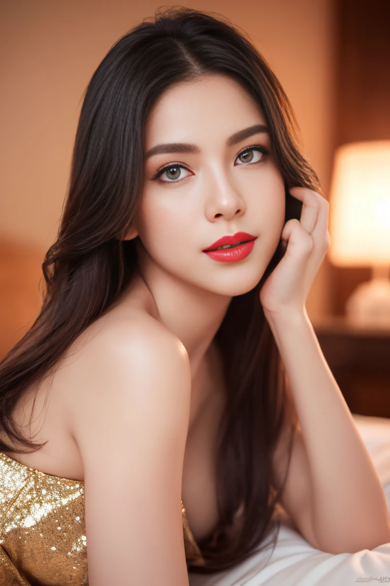 Pose for a picture lying in bed ,bare shoulders, dress, fashi-girl, red lips, mature female, makeup, Big eyes. Pretty eyes, ((Random shooting angles)), (best quality, masterpiece:1.2), ultra-detailed, (realistic:1.37), beautiful, youthful, glamorous model with (detailed eyes, detailed lips, extremely detailed eyes), with white colors, showcasing a radiant smile, slender figure, long legs, creating a breathtaking depiction of a girl, Warm tones, extremely high color saturation, official art, extremely detailed CG unified 8k wallpaper,(High dynamic range :1.4), (cinematic), (natural skin texture, ultra-realistic, soft light, sharp),(very detailed) , elegant pose, attractive pose