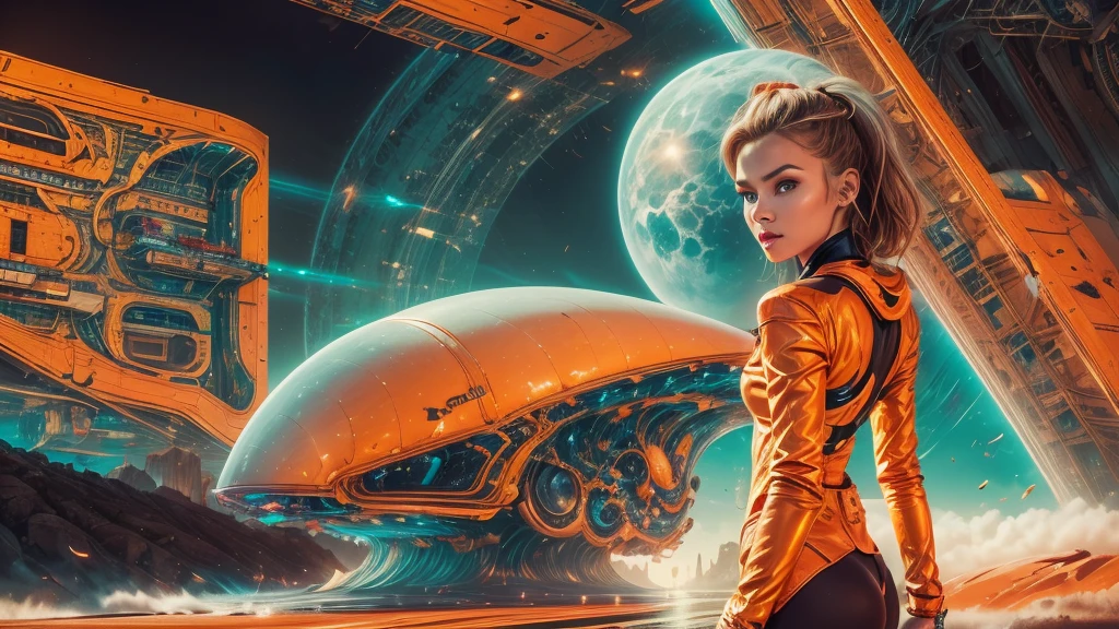 arafed image of a white woman in a futuristic suit with a spaceship in the background, movie art, in front of an orange background, inspired by Robert McGinnis, female protagonist, megastructure in the background, portrait of an ai astronaut, astronauts, an astronaut, portrait of a astronaut skeletor, perfect android girl, detailed eyes, perfectly detailed teeth, frank franzzeta and sakimichan